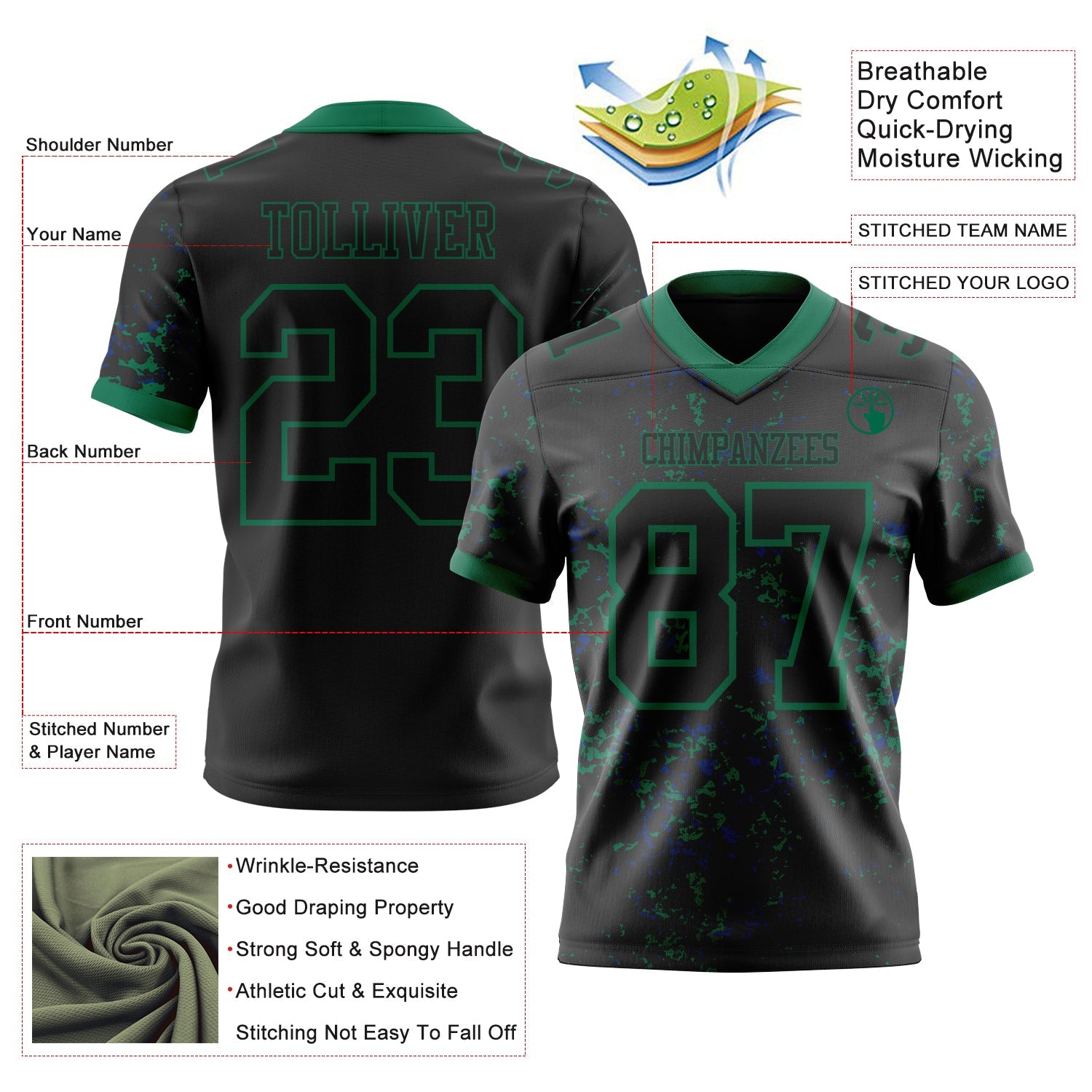 Custom Black Kelly Green-Royal Authentic Abstract Shattered Paint Splatter Football Jersey view 2