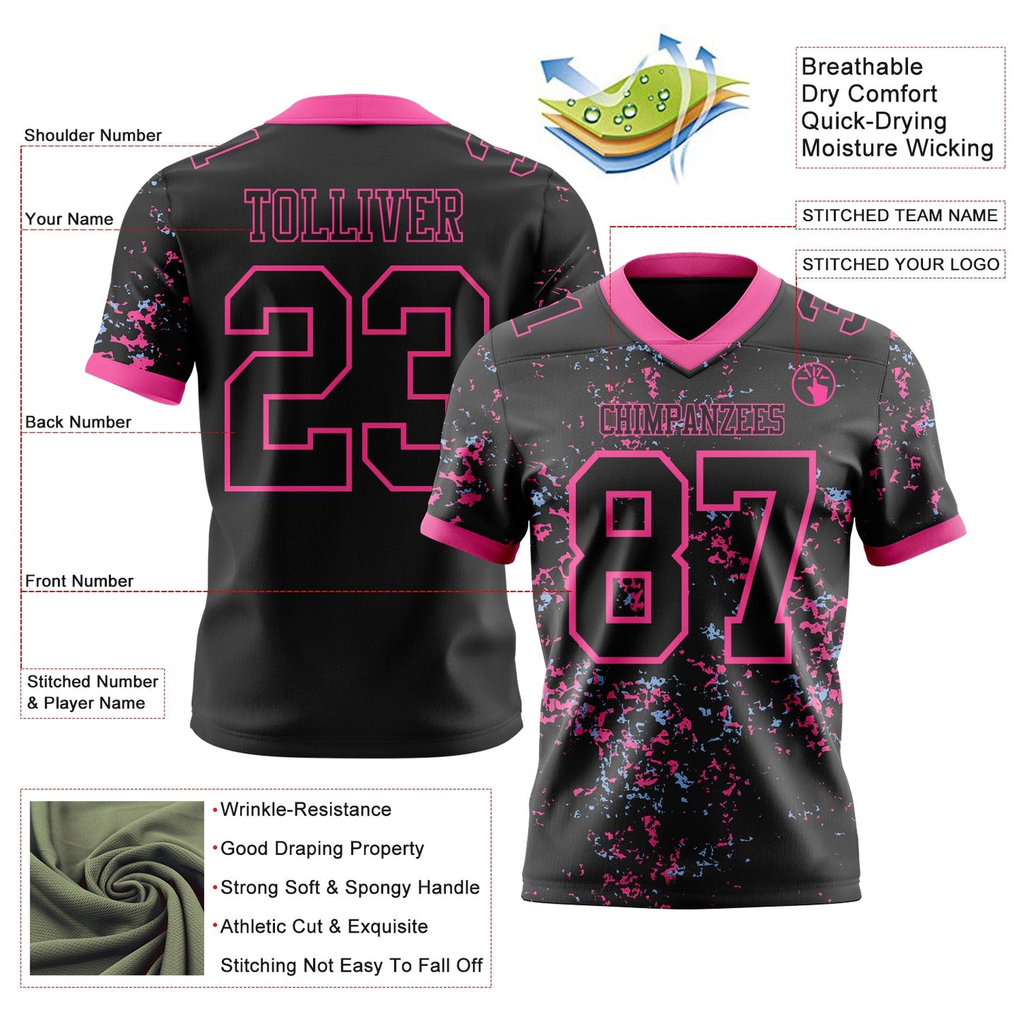 Custom Black Pink-Light Blue Authentic Abstract Shattered Paint Splatter Football Jersey view 2