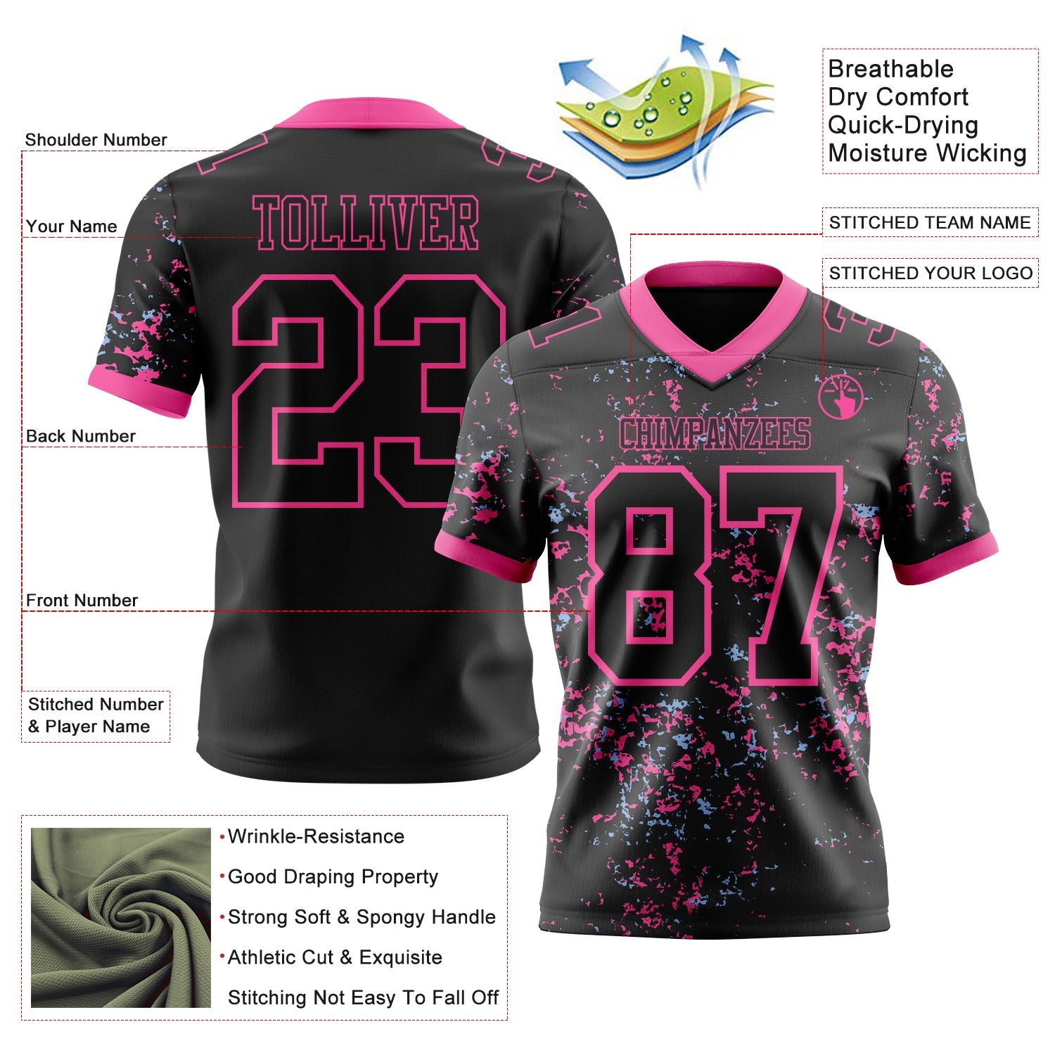 Custom Black Pink-Light Blue Authentic Abstract Shattered Paint Splatter Football Jersey view 2