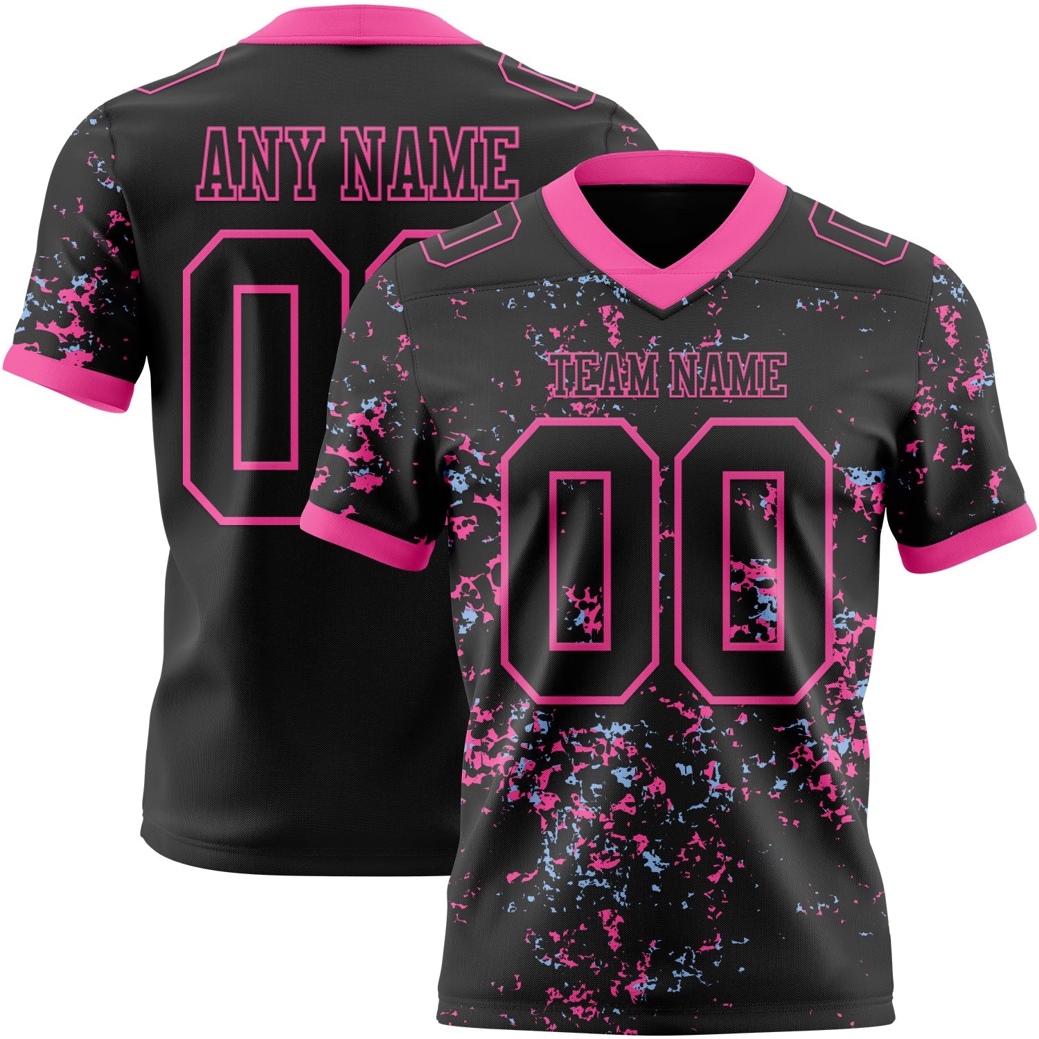 Custom Black Pink-Light Blue Authentic Abstract Shattered Paint Splatter Football Jersey - Main View