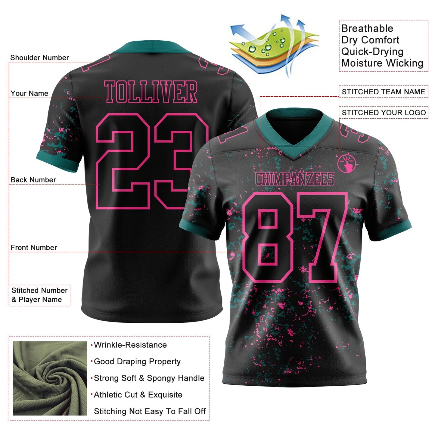 Custom Black Teal-Pink Authentic Abstract Shattered Paint Splatter Football Jersey view 2