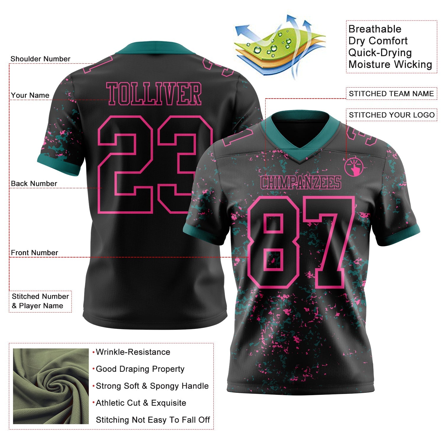 Custom Black Teal-Pink Authentic Abstract Shattered Paint Splatter Football Jersey view 2