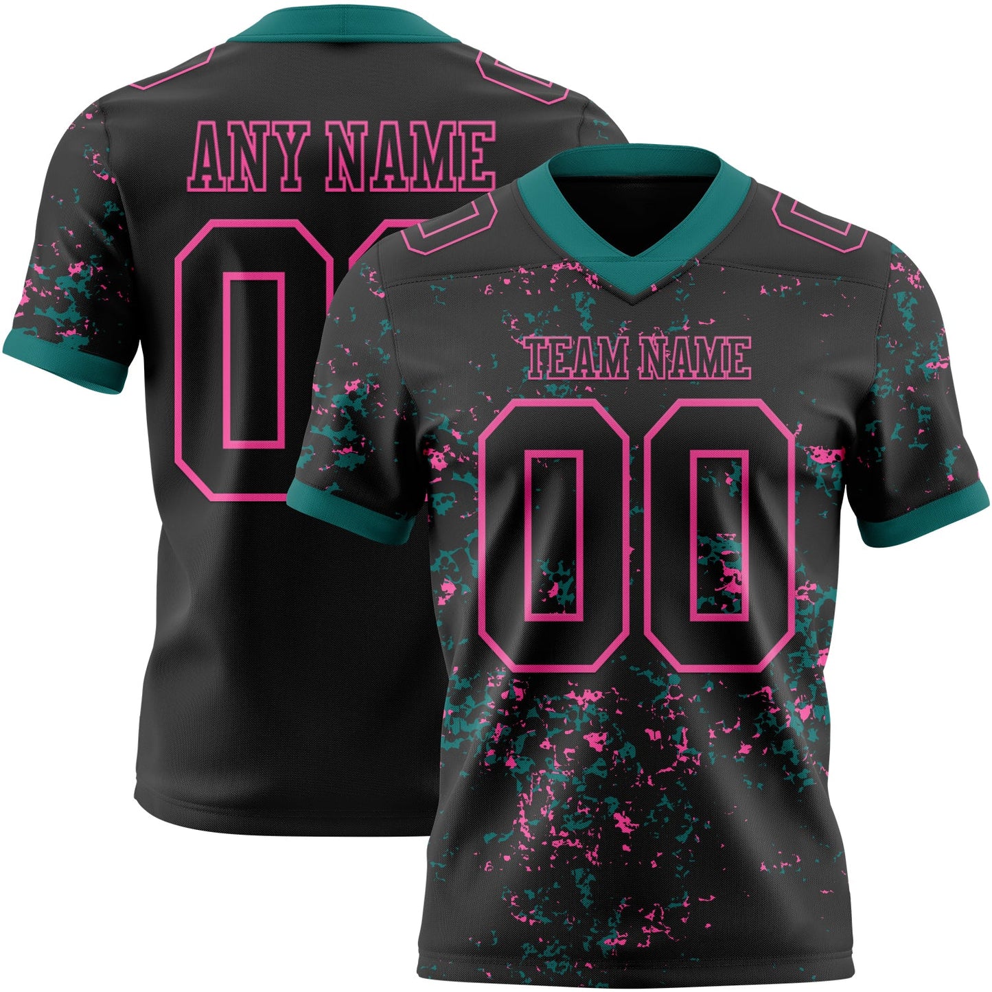 Custom Black Teal-Pink Authentic Abstract Shattered Paint Splatter Football Jersey - Main View