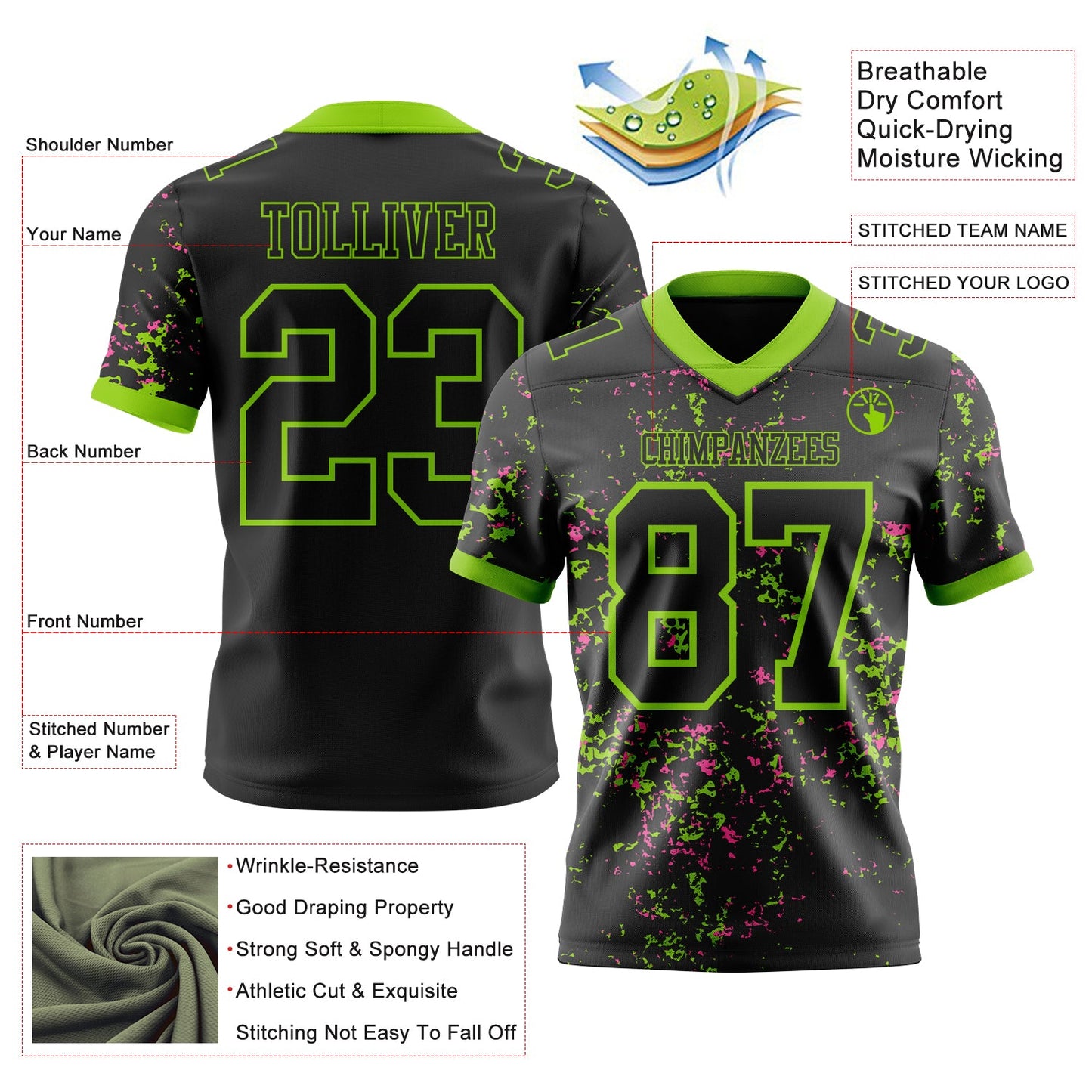 Custom Black Neon Green-Pink Authentic Abstract Shattered Paint Splatter Football Jersey view 2