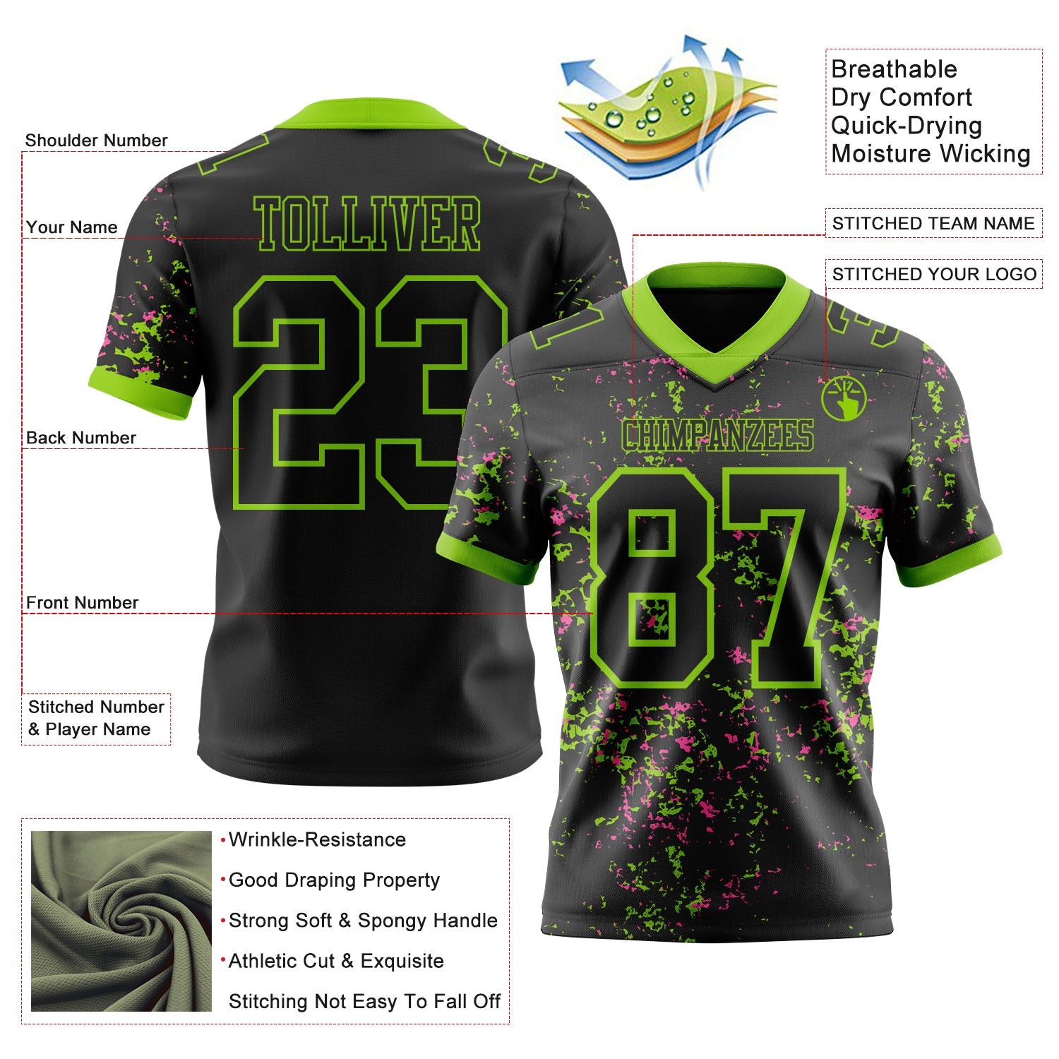 Custom Black Neon Green-Pink Authentic Abstract Shattered Paint Splatter Football Jersey view 2