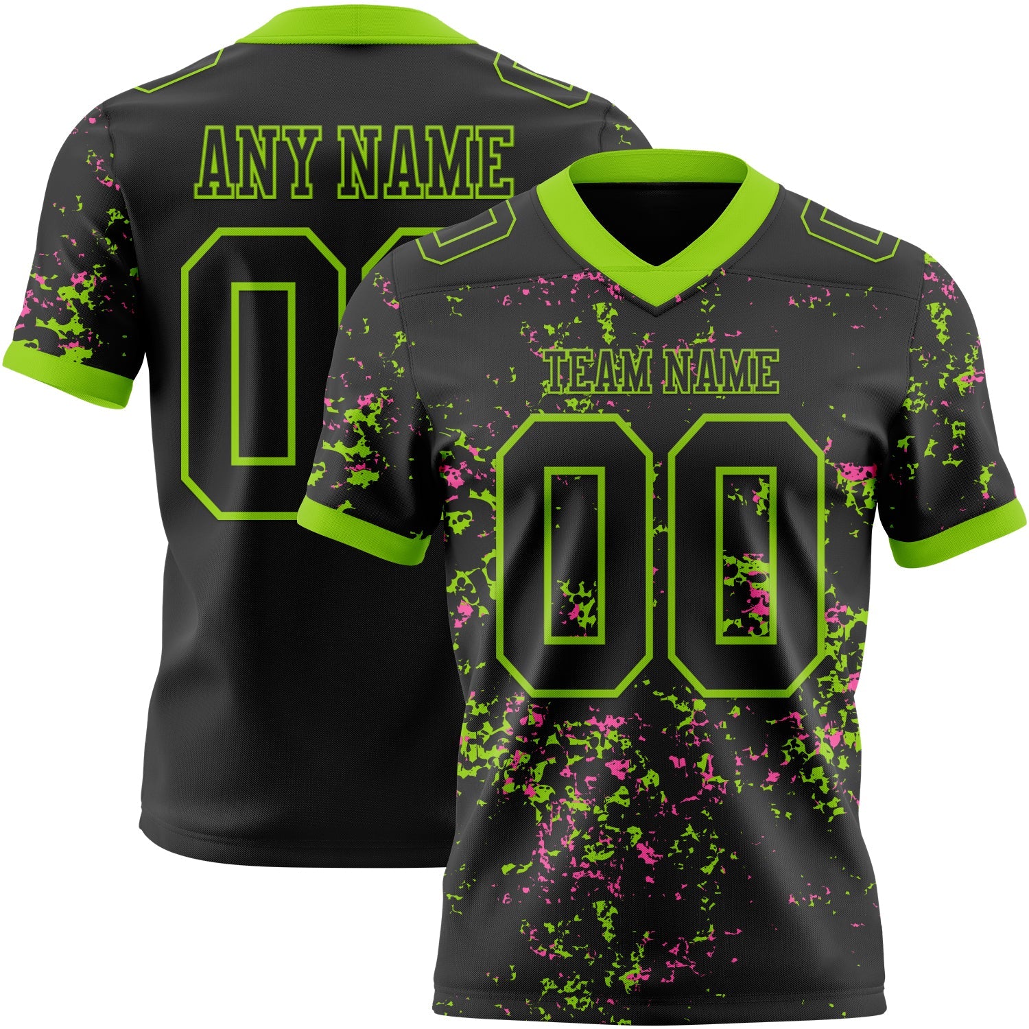 Custom Black Neon Green-Pink Authentic Abstract Shattered Paint Splatter Football Jersey - Main View