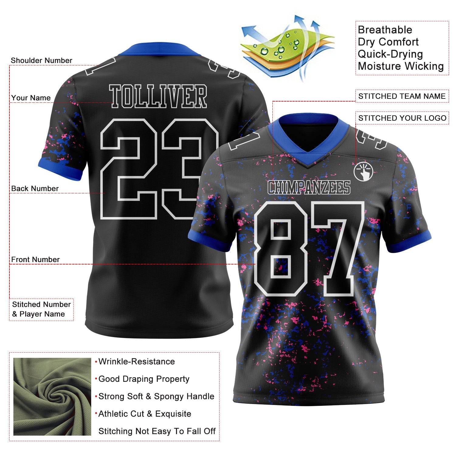 Custom Black Thunder Blue Pink-White Authentic Abstract Shattered Paint Splatter Football Jersey view 2