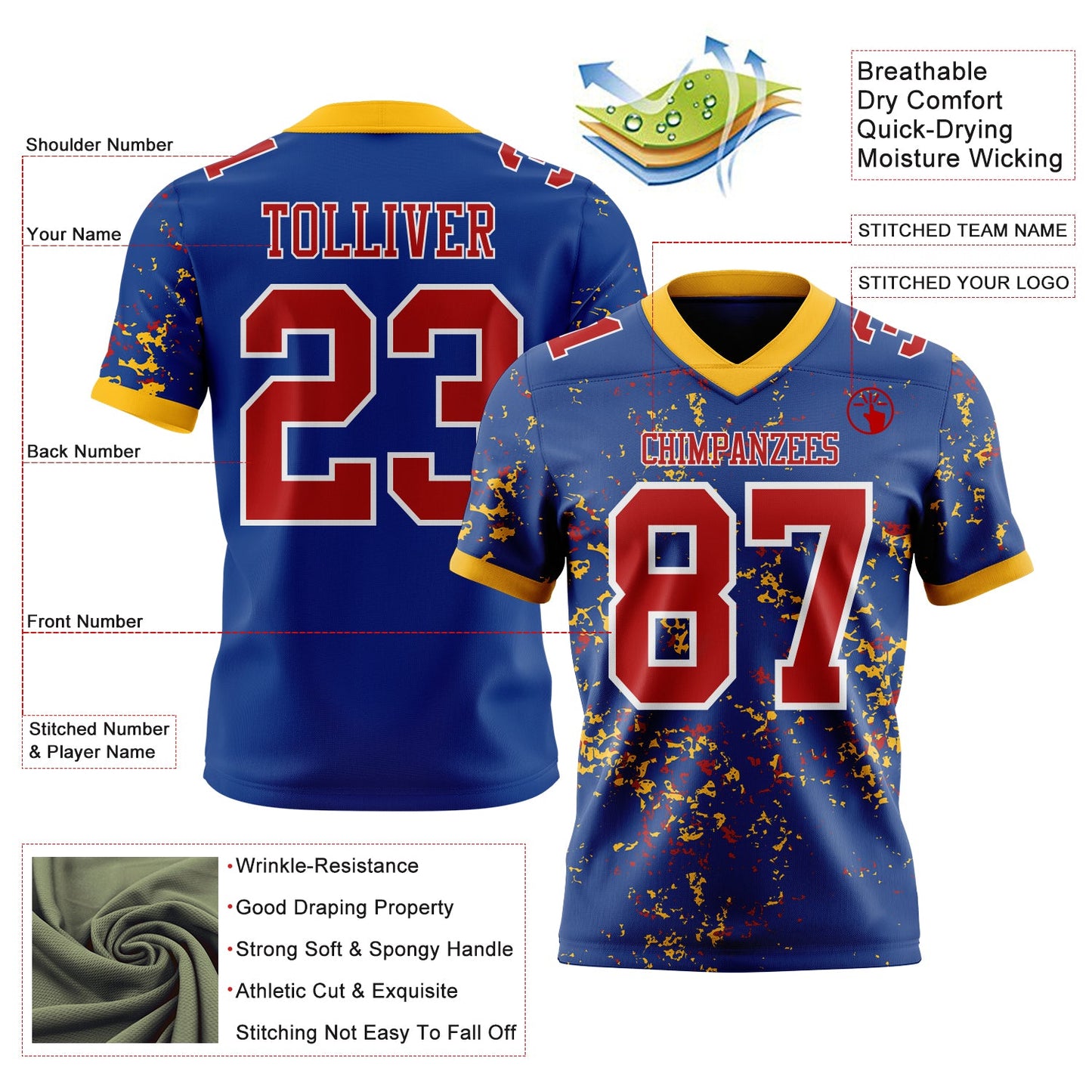 Custom Royal Red Gold-White Authentic Abstract Shattered Paint Splatter Football Jersey view 2