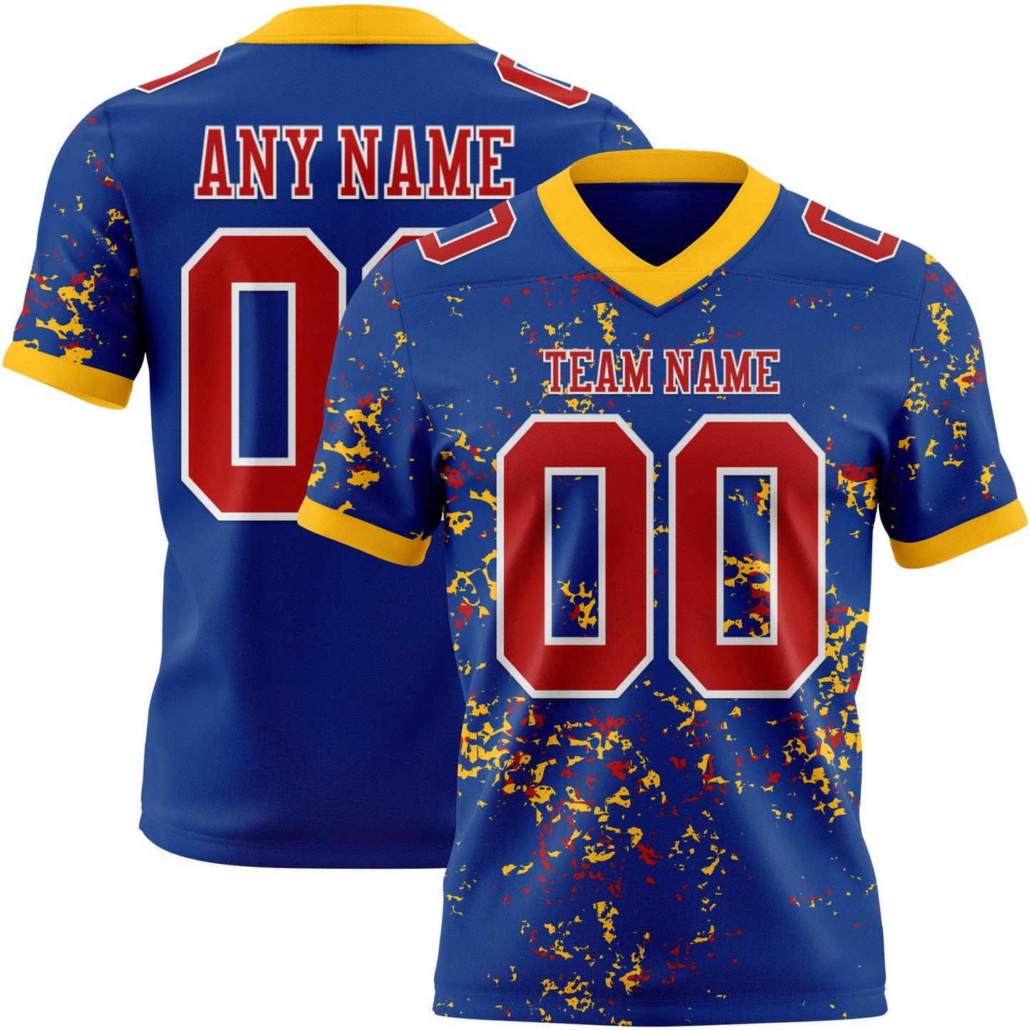 Custom Royal Red Gold-White Authentic Abstract Shattered Paint Splatter Football Jersey - Main View