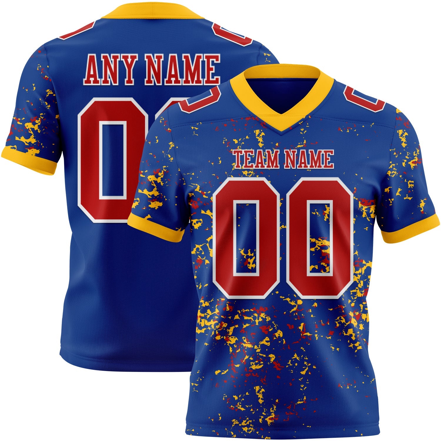 Custom Royal Red Gold-White Authentic Abstract Shattered Paint Splatter Football Jersey - Main View