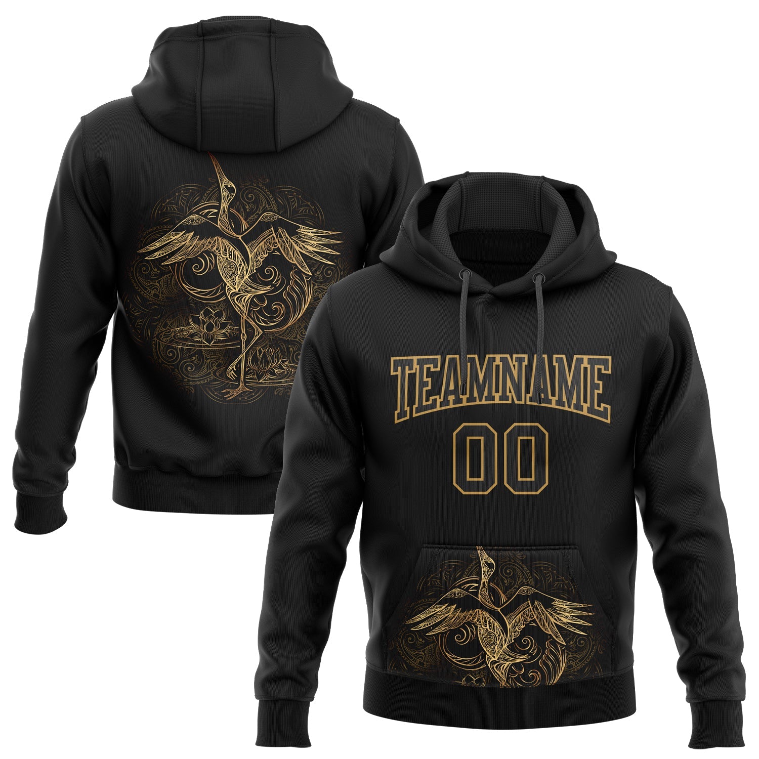 Custom Stitched Black Old Gold 3D Pattern Design Heron Sports Pullover Sweatshirt Hoodie - Main View