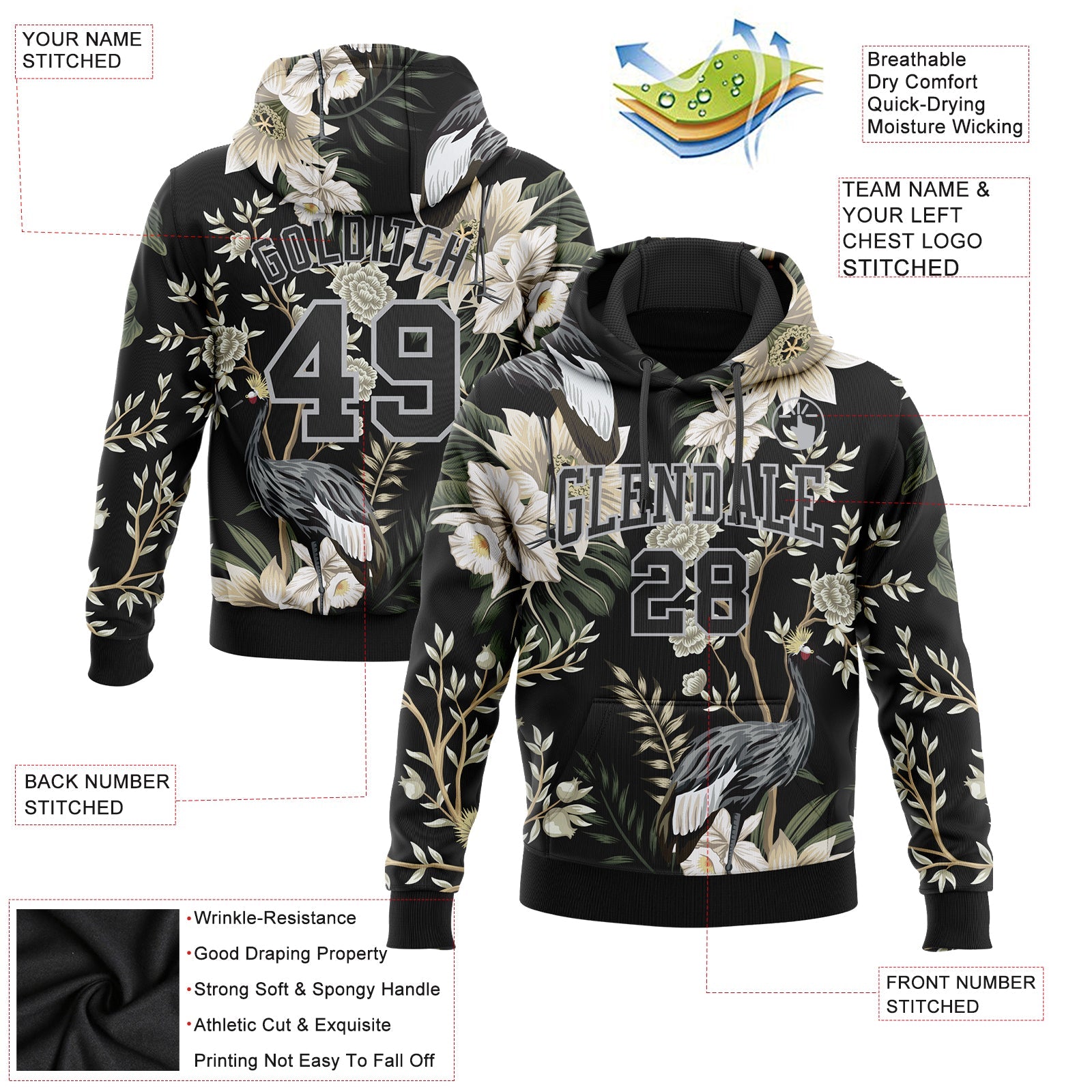 Custom Stitched Black Gray 3D Pattern Design Heron And Flower Sports Pullover Sweatshirt Hoodie view 2