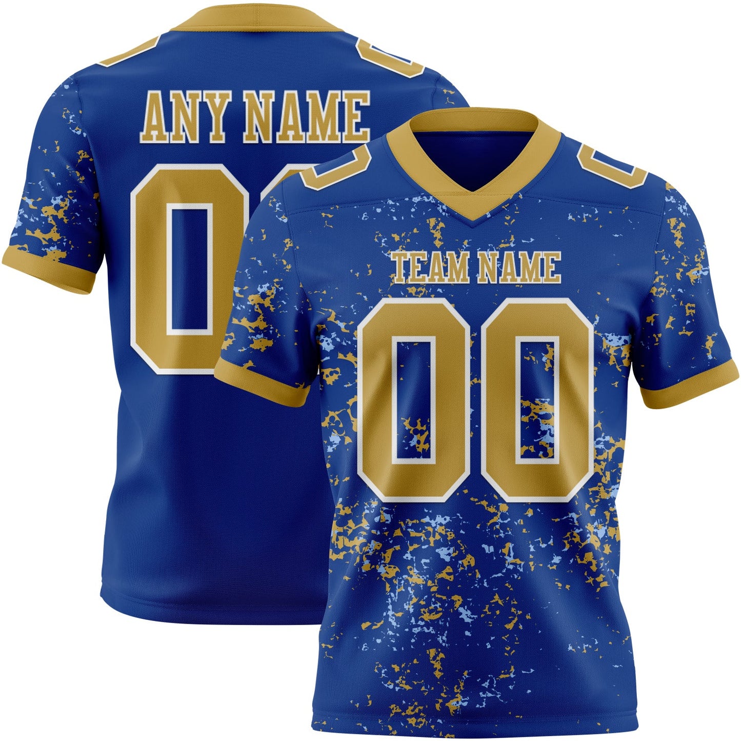 Custom Royal Old Gold Light Blue-White Authentic Abstract Shattered Paint Splatter Football Jersey - Main View