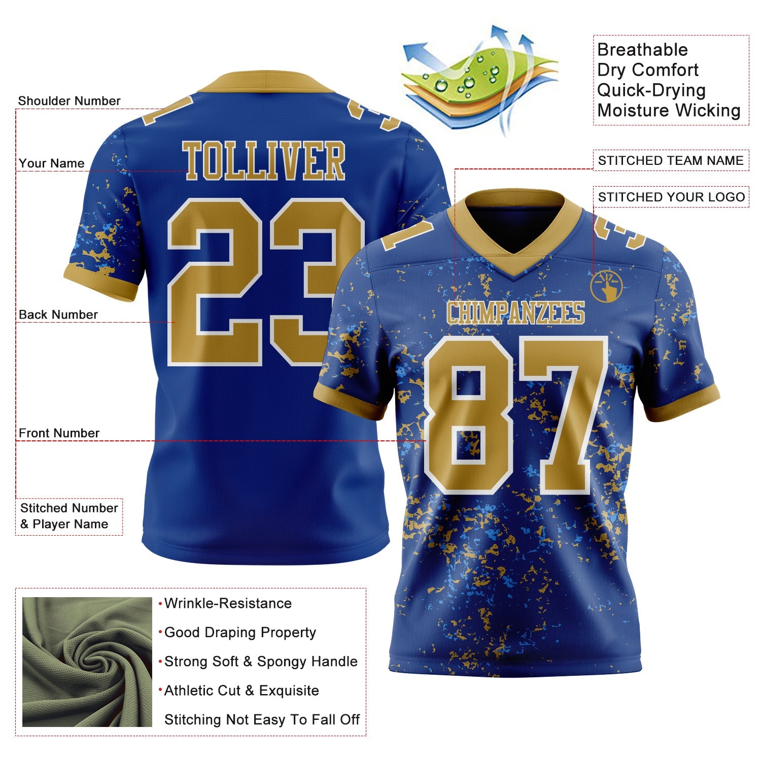 Custom Royal Old Gold Powder Blue-White Authentic Abstract Shattered Paint Splatter Football Jersey view 2