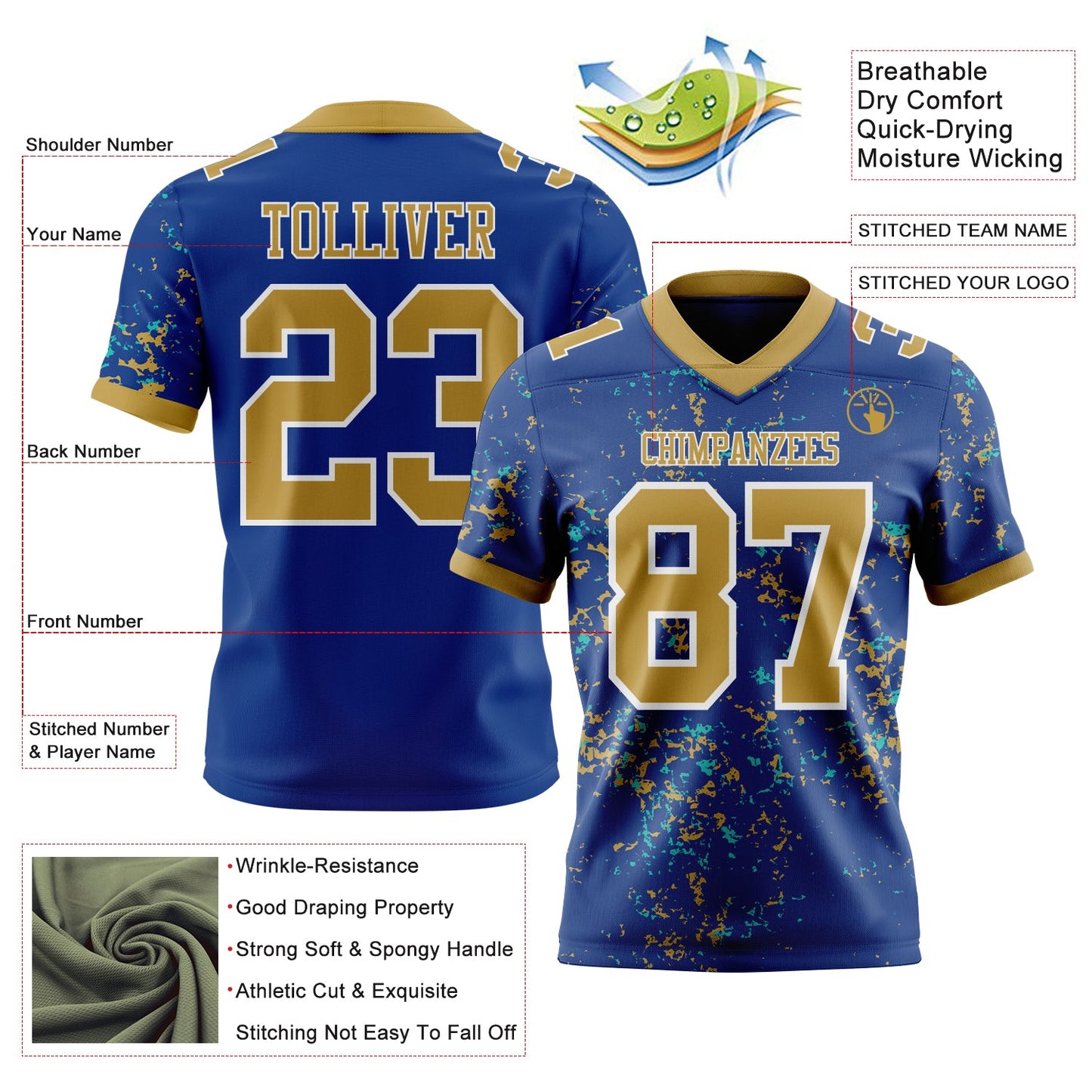Custom Royal Old Gold Aqua-White Authentic Abstract Shattered Paint Splatter Football Jersey view 2