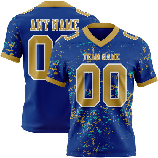 Custom Royal Old Gold Aqua-White Authentic Abstract Shattered Paint Splatter Football Jersey - Main View
