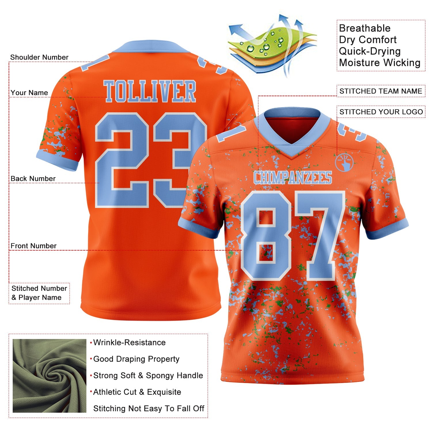 Custom Orange Light Blue Grass Green-White Authentic Abstract Shattered Paint Splatter Football Jersey view 2