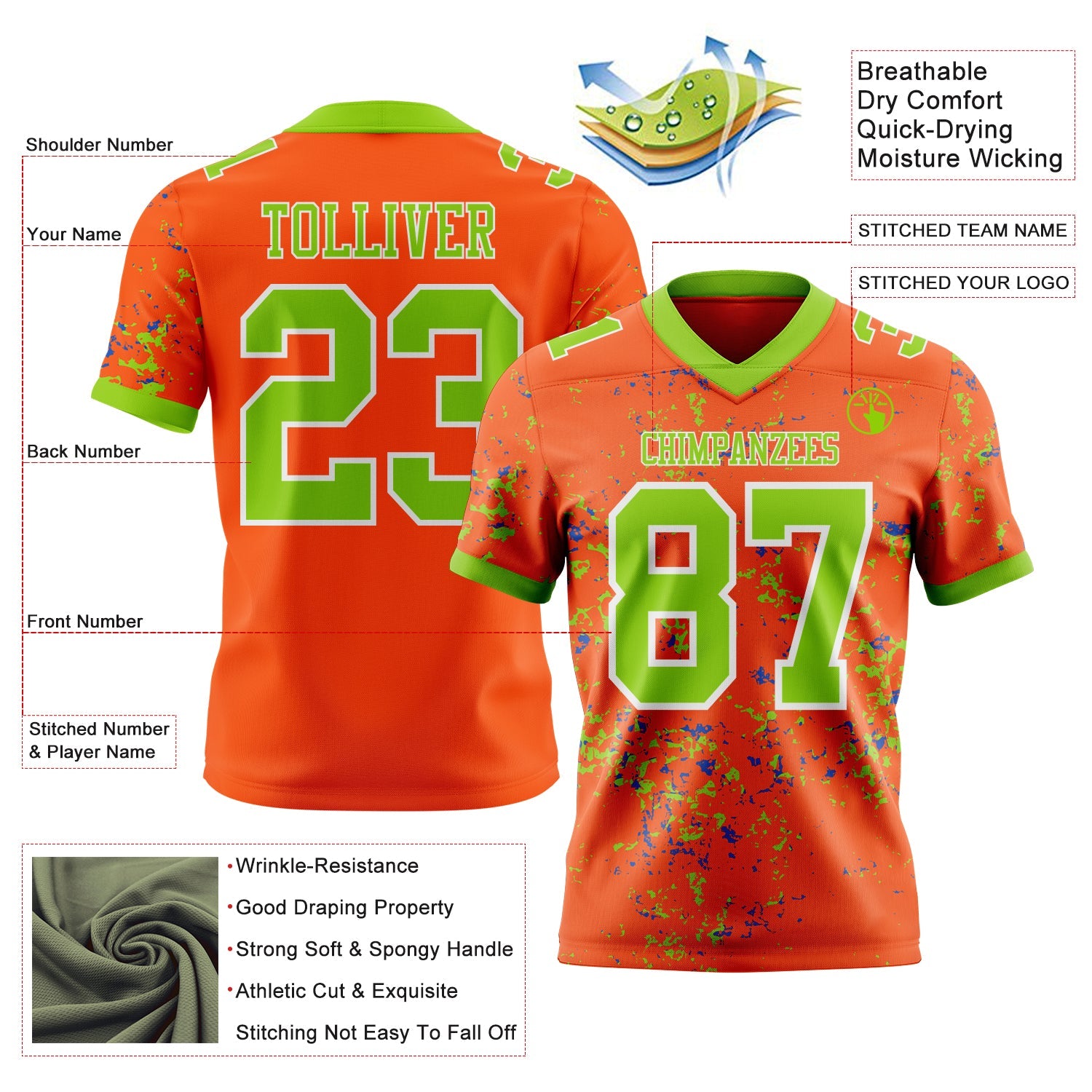 Custom Orange Neon Green Thunder Blue-White Authentic Abstract Shattered Paint Splatter Football Jersey view 2