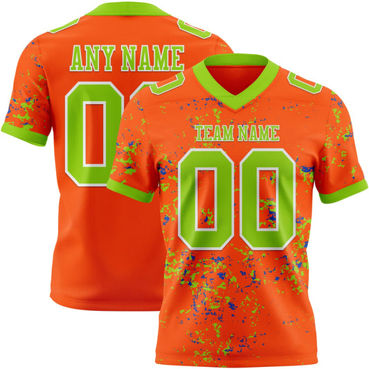 Custom Orange Neon Green Thunder Blue-White Authentic Abstract Shattered Paint Splatter Football Jersey - Main View