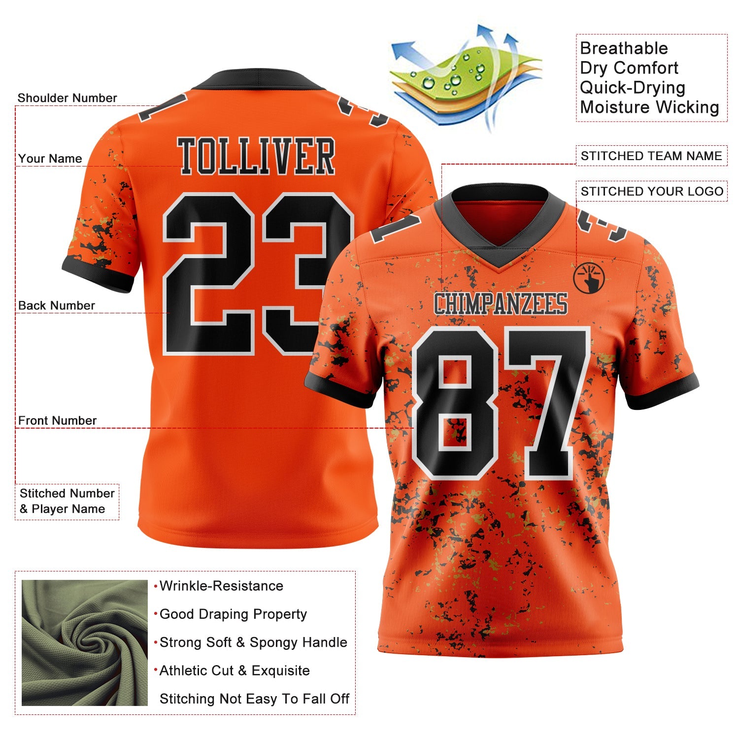 Custom Orange Black Old Gold-White Authentic Abstract Shattered Paint Splatter Football Jersey view 2