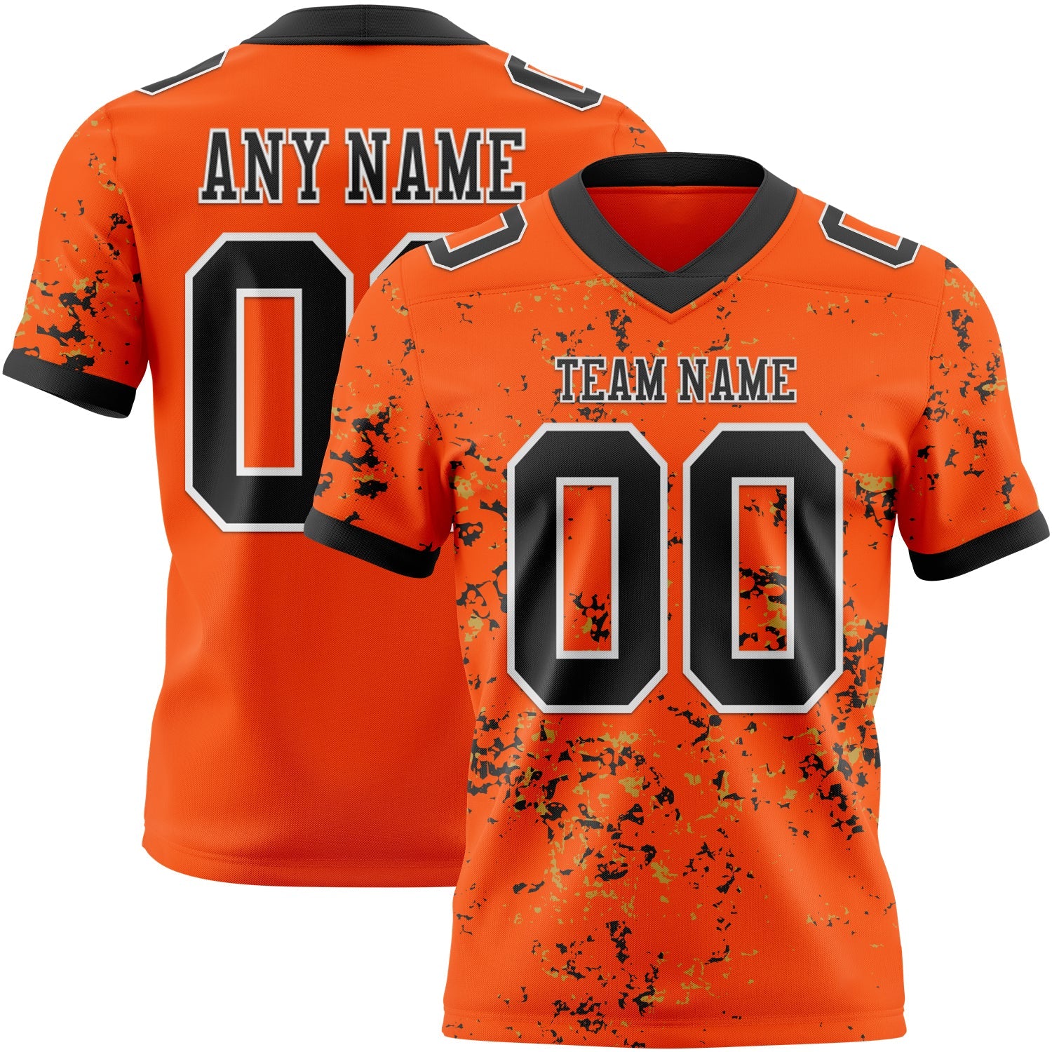 Custom Orange Black Old Gold-White Authentic Abstract Shattered Paint Splatter Football Jersey - Main View