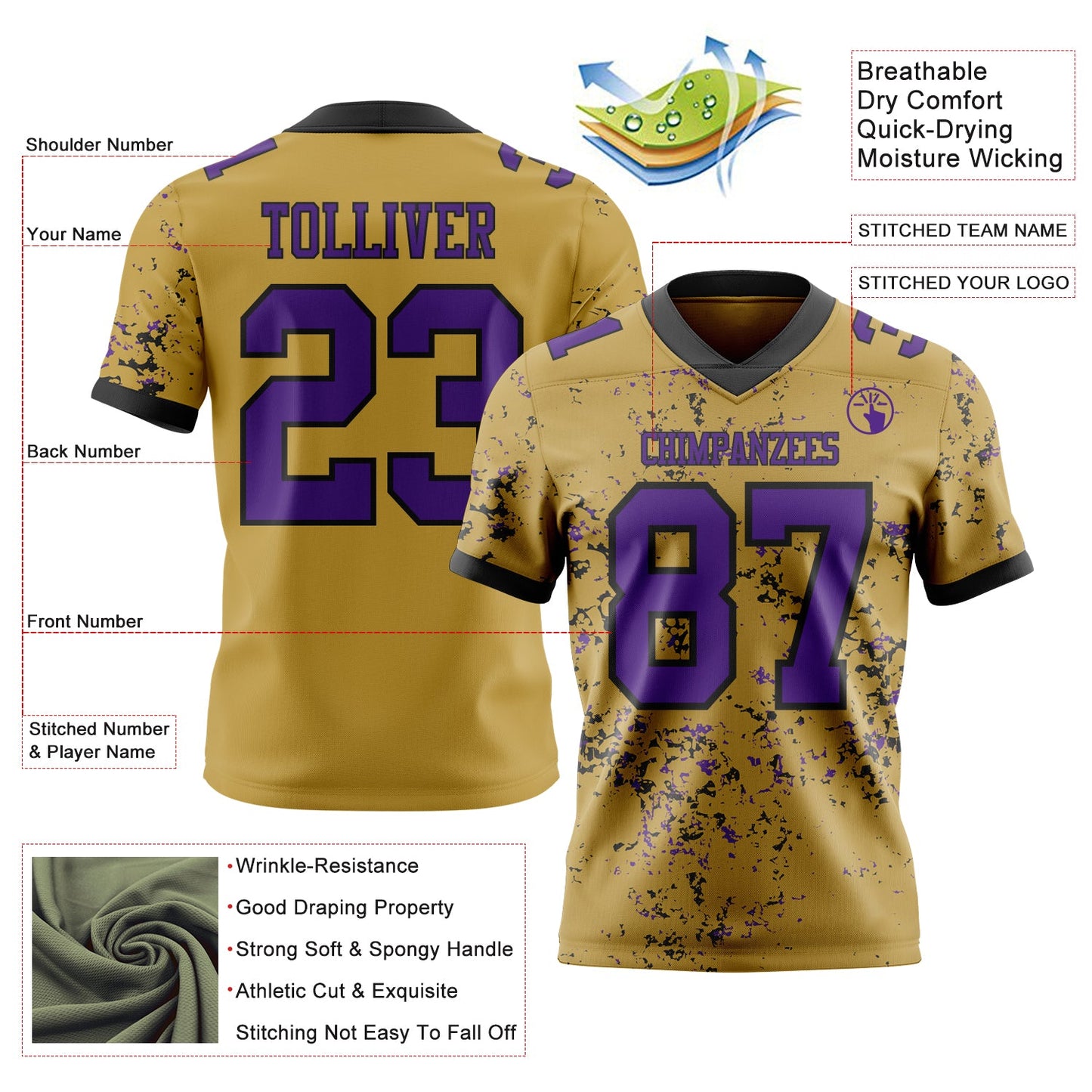 Custom Old Gold Purple-Black Authentic Abstract Shattered Paint Splatter Football Jersey view 2