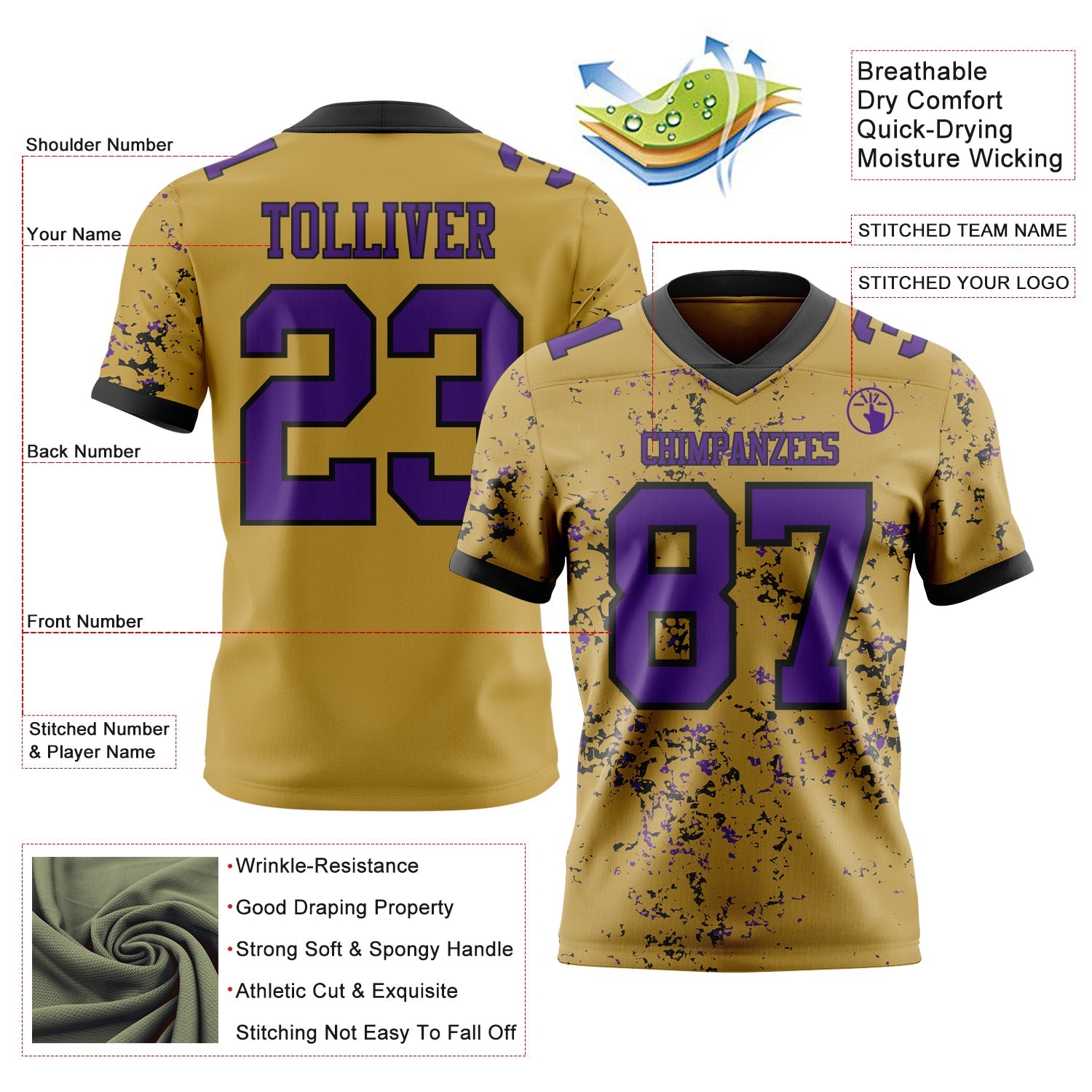 Custom Old Gold Purple-Black Authentic Abstract Shattered Paint Splatter Football Jersey view 2