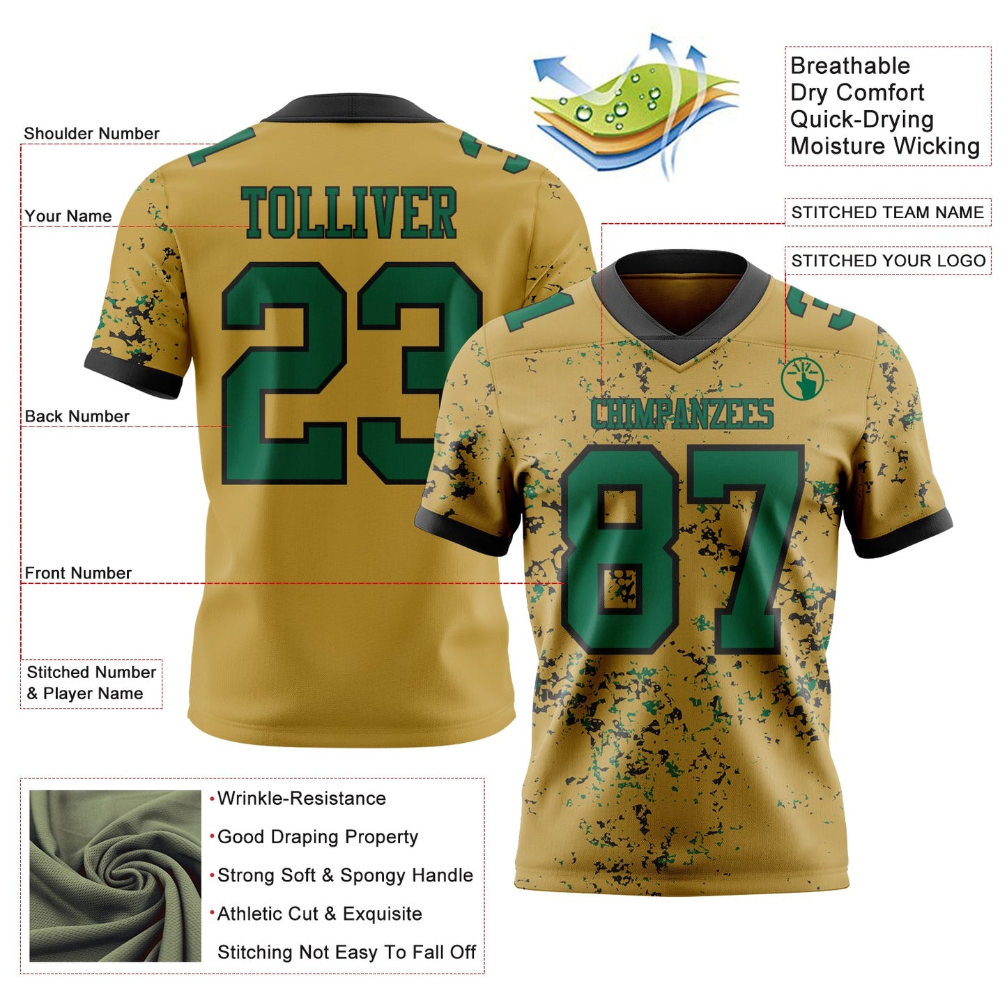 Custom Old Gold Kelly Green-Black Authentic Abstract Shattered Paint Splatter Football Jersey view 2