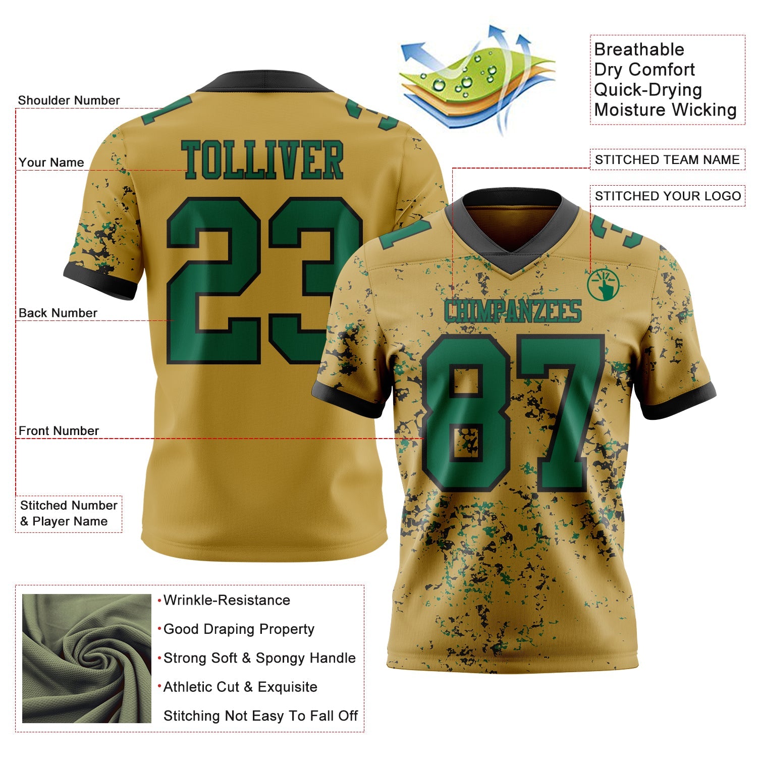 Custom Old Gold Kelly Green-Black Authentic Abstract Shattered Paint Splatter Football Jersey view 2