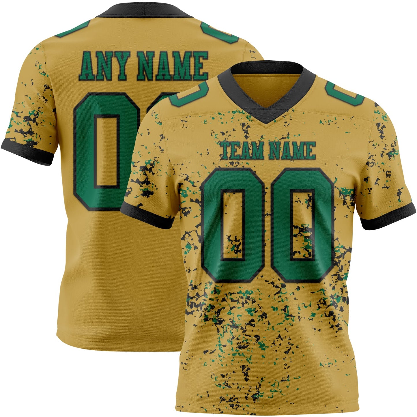 Custom Old Gold Kelly Green-Black Authentic Abstract Shattered Paint Splatter Football Jersey - Main View