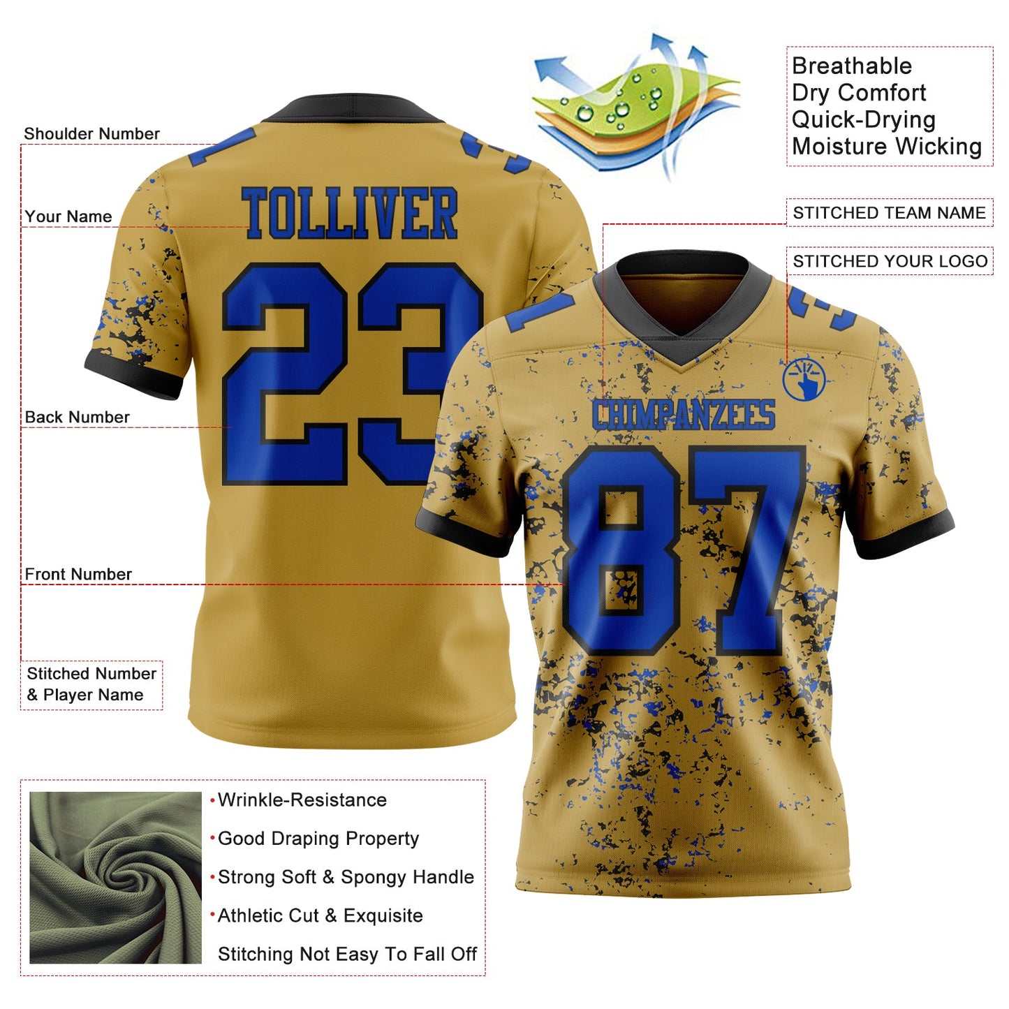 Custom Old Gold Thunder Blue-Black Authentic Abstract Shattered Paint Splatter Football Jersey view 2