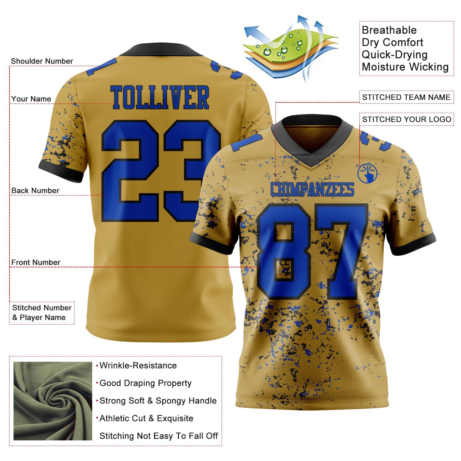 Custom Old Gold Thunder Blue-Black Authentic Abstract Shattered Paint Splatter Football Jersey view 2