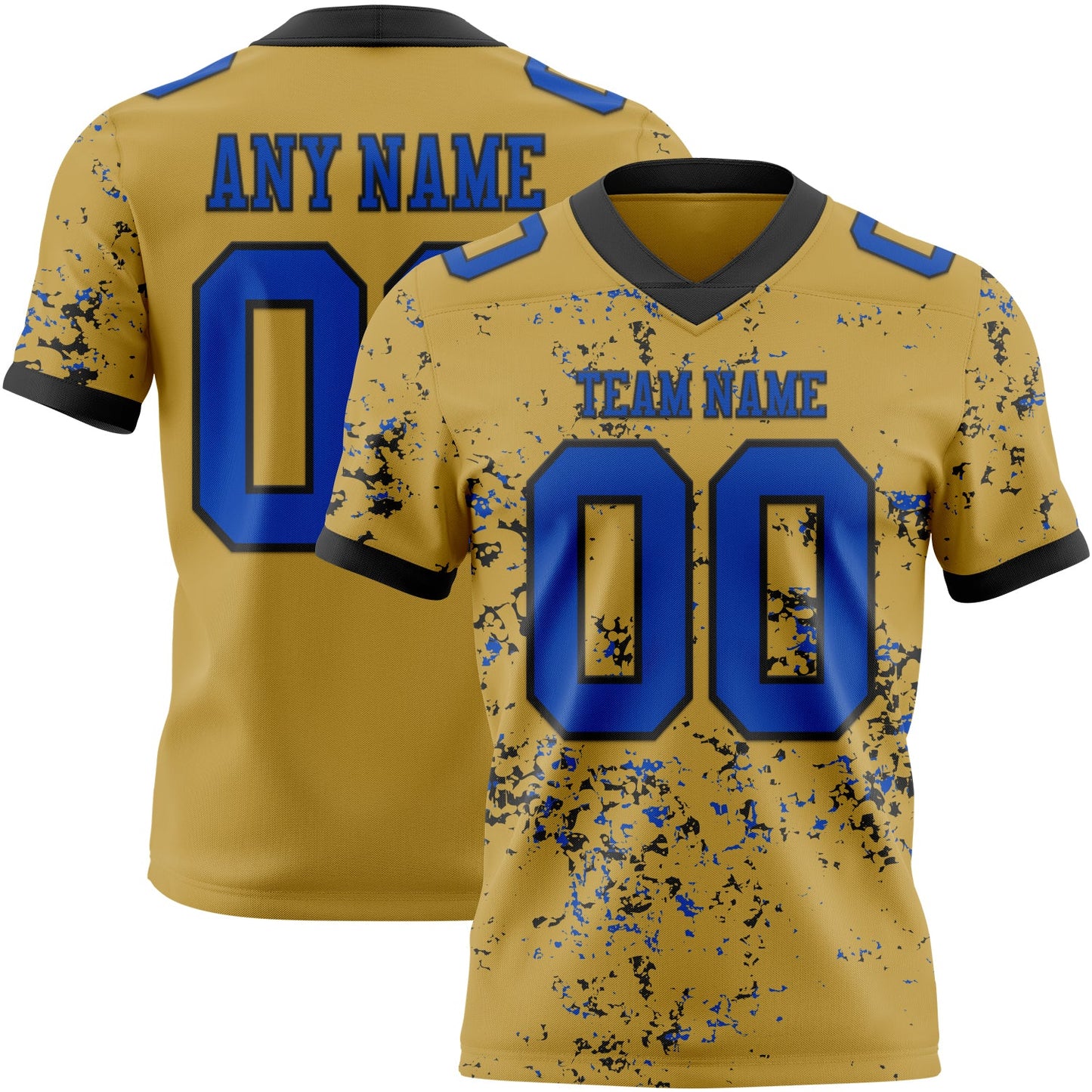 Custom Old Gold Thunder Blue-Black Authentic Abstract Shattered Paint Splatter Football Jersey - Main View