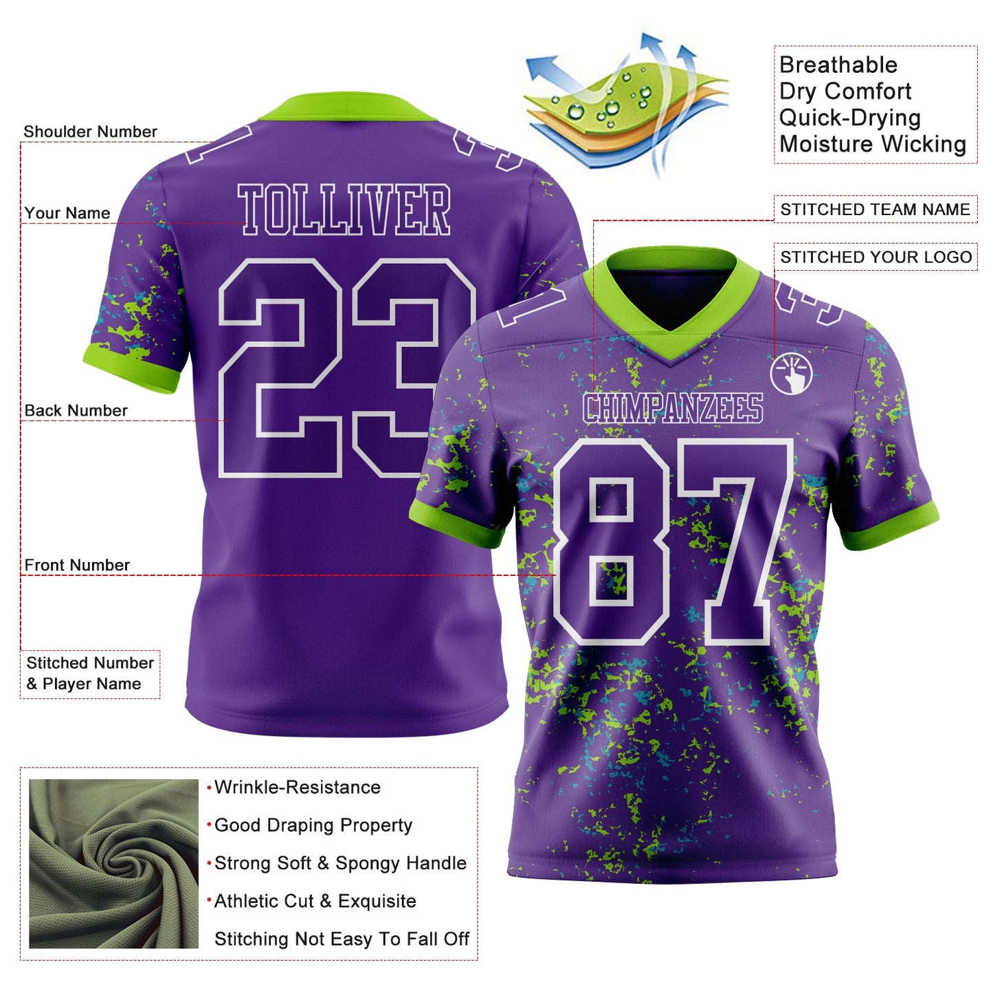 Custom Purple Neon Green Teal-White Authentic Abstract Shattered Paint Splatter Football Jersey view 2