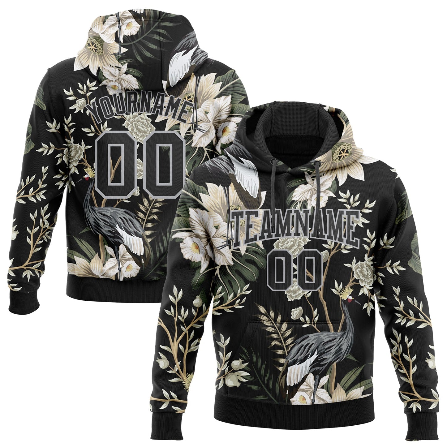 Custom Stitched Black Gray 3D Pattern Design Heron And Flower Sports Pullover Sweatshirt Hoodie - Main View