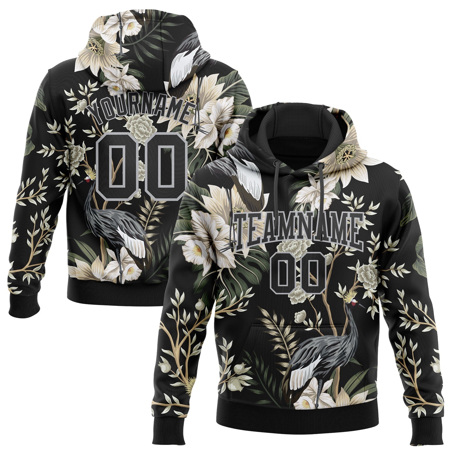 Custom Stitched Black Gray 3D Pattern Design Heron And Flower Sports Pullover Sweatshirt Hoodie - Main View