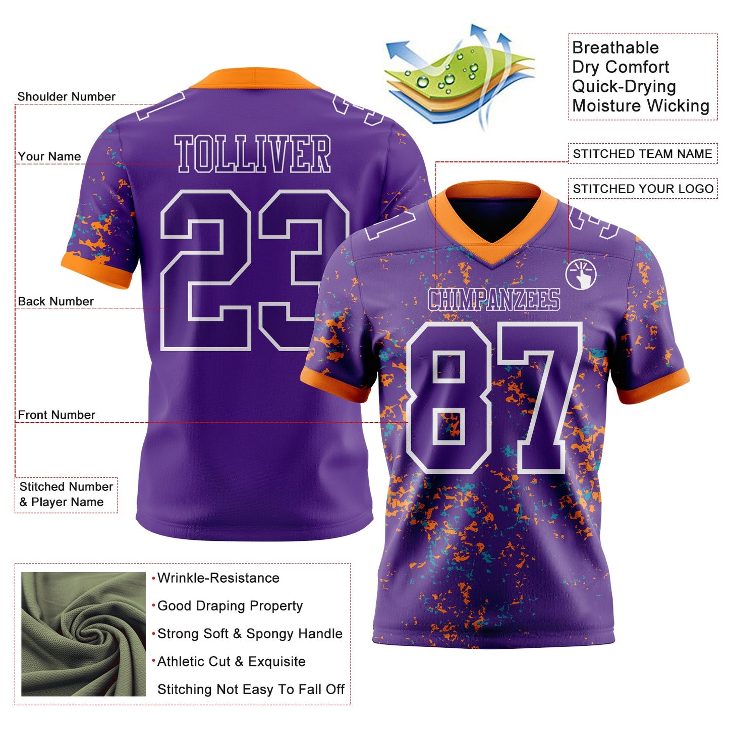 Custom Purple Bay Orange Teal-White Authentic Abstract Shattered Paint Splatter Football Jersey view 2