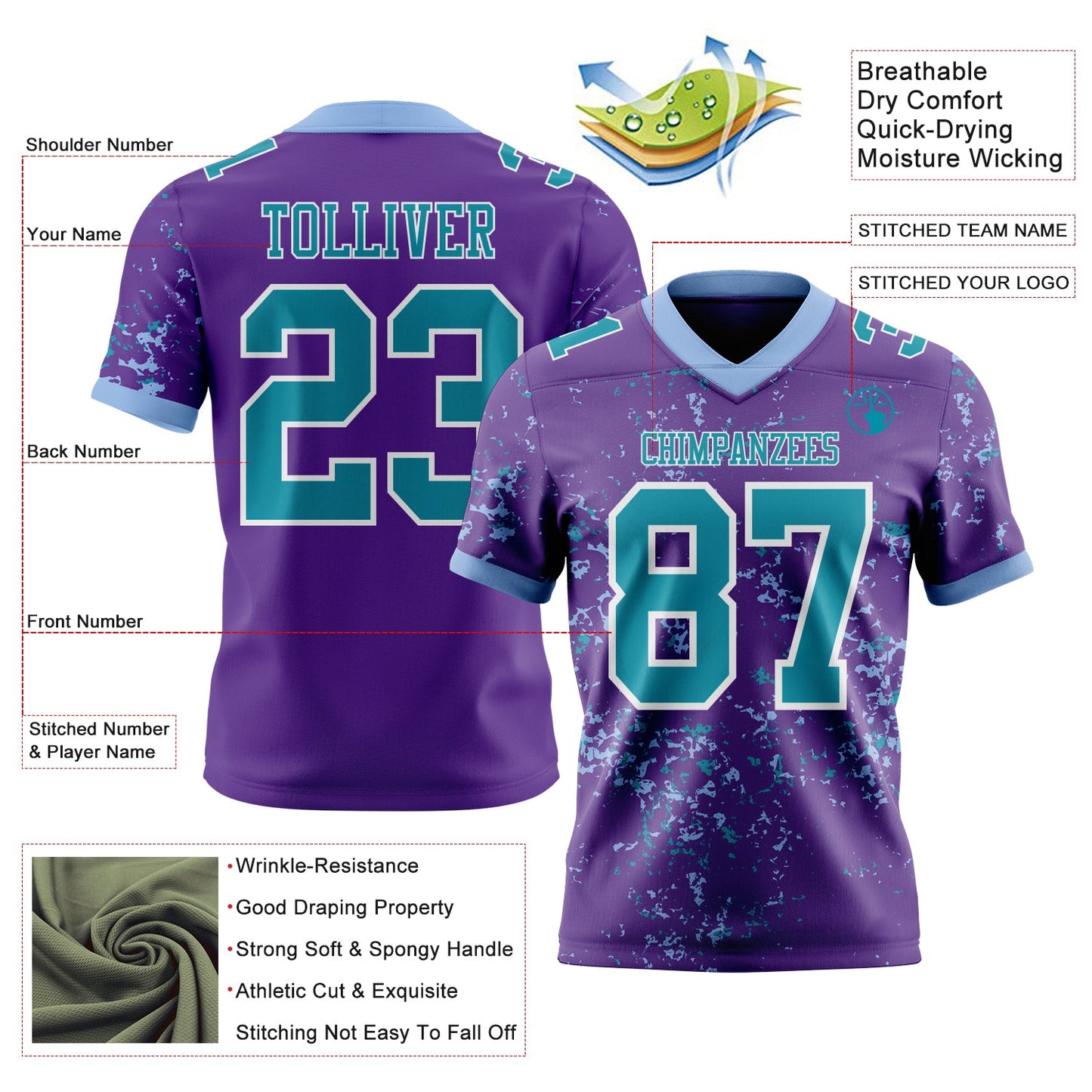 Custom Purple Teal Light Blue-White Authentic Abstract Shattered Paint Splatter Football Jersey view 2