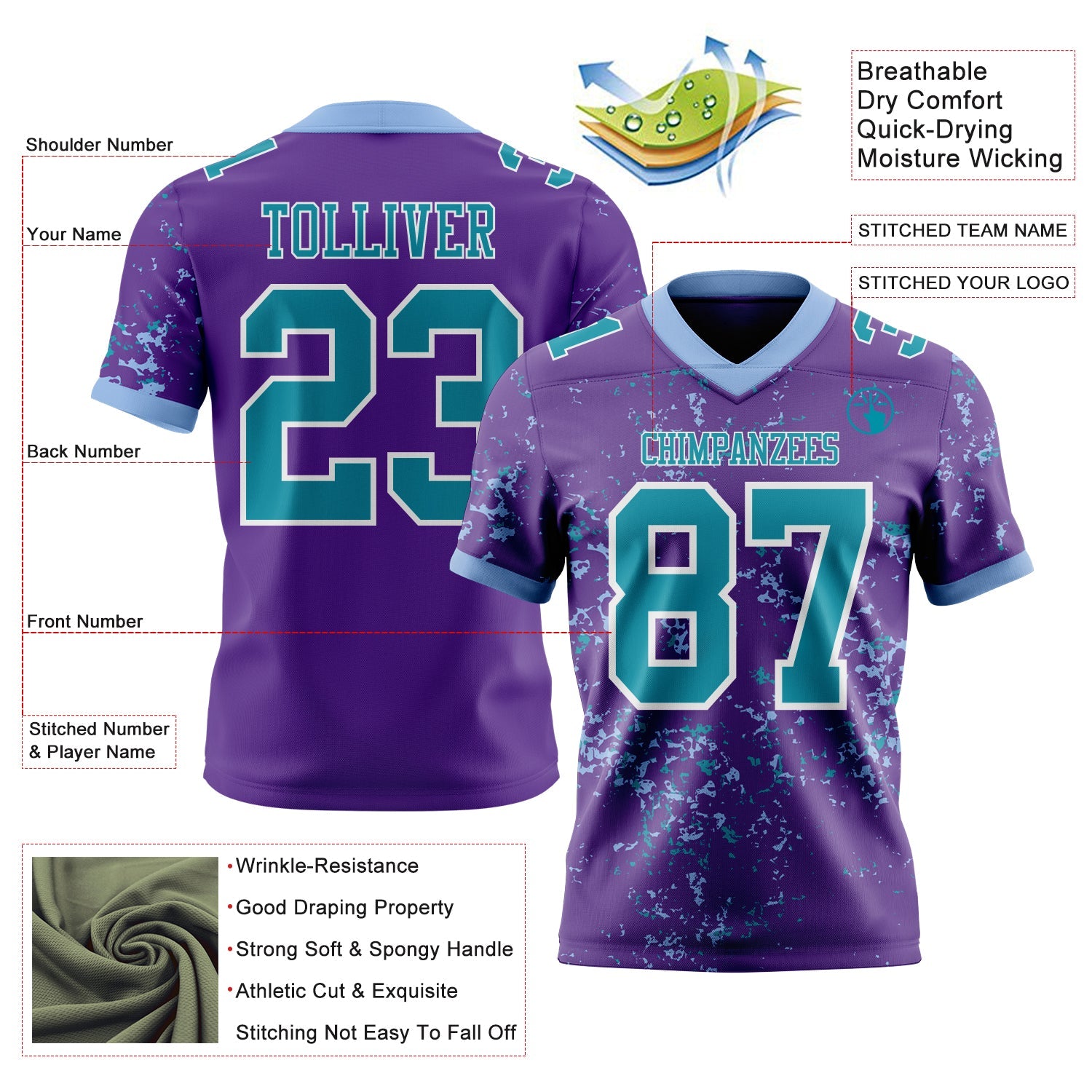 Custom Purple Teal Light Blue-White Authentic Abstract Shattered Paint Splatter Football Jersey view 2