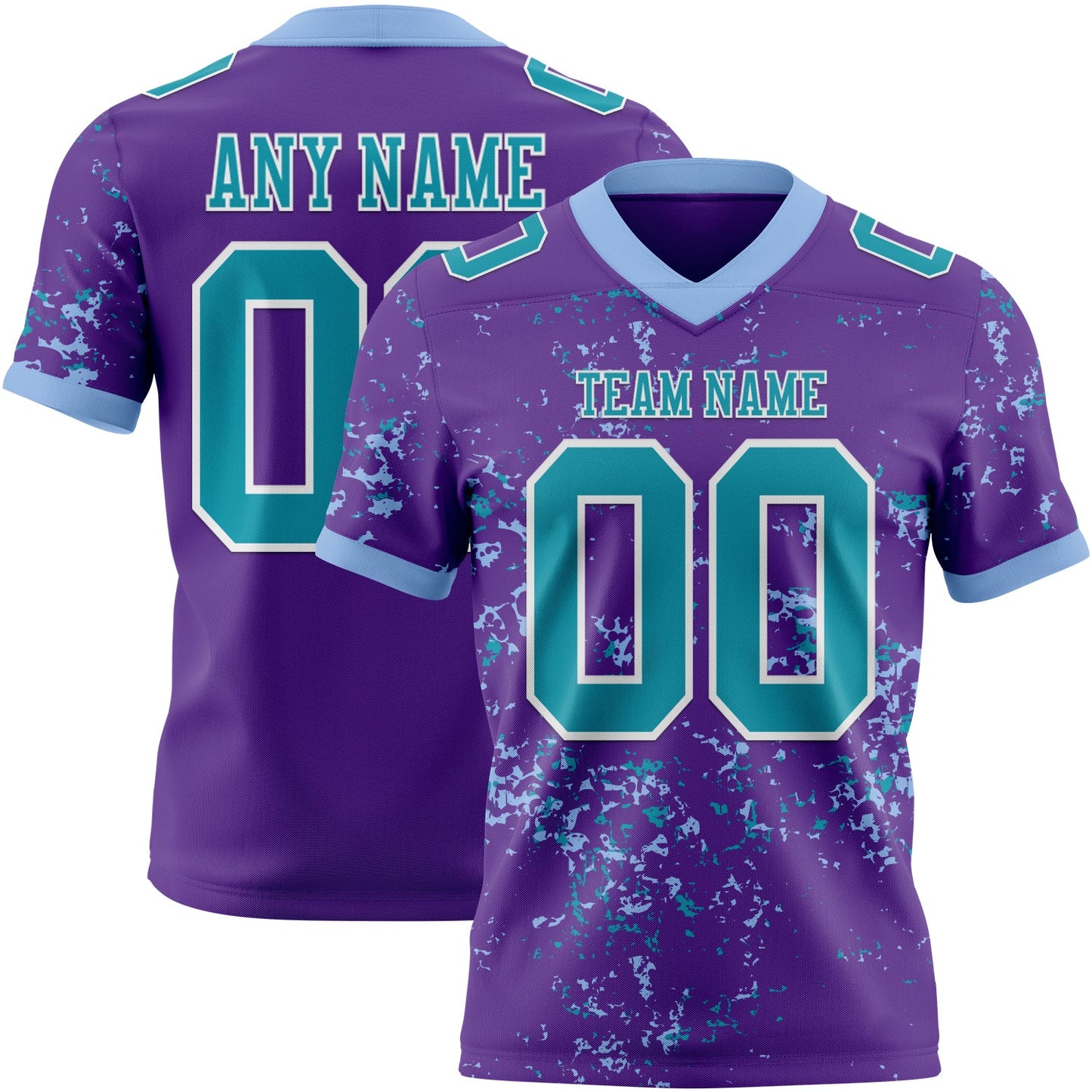 Custom Purple Teal Light Blue-White Authentic Abstract Shattered Paint Splatter Football Jersey - Main View
