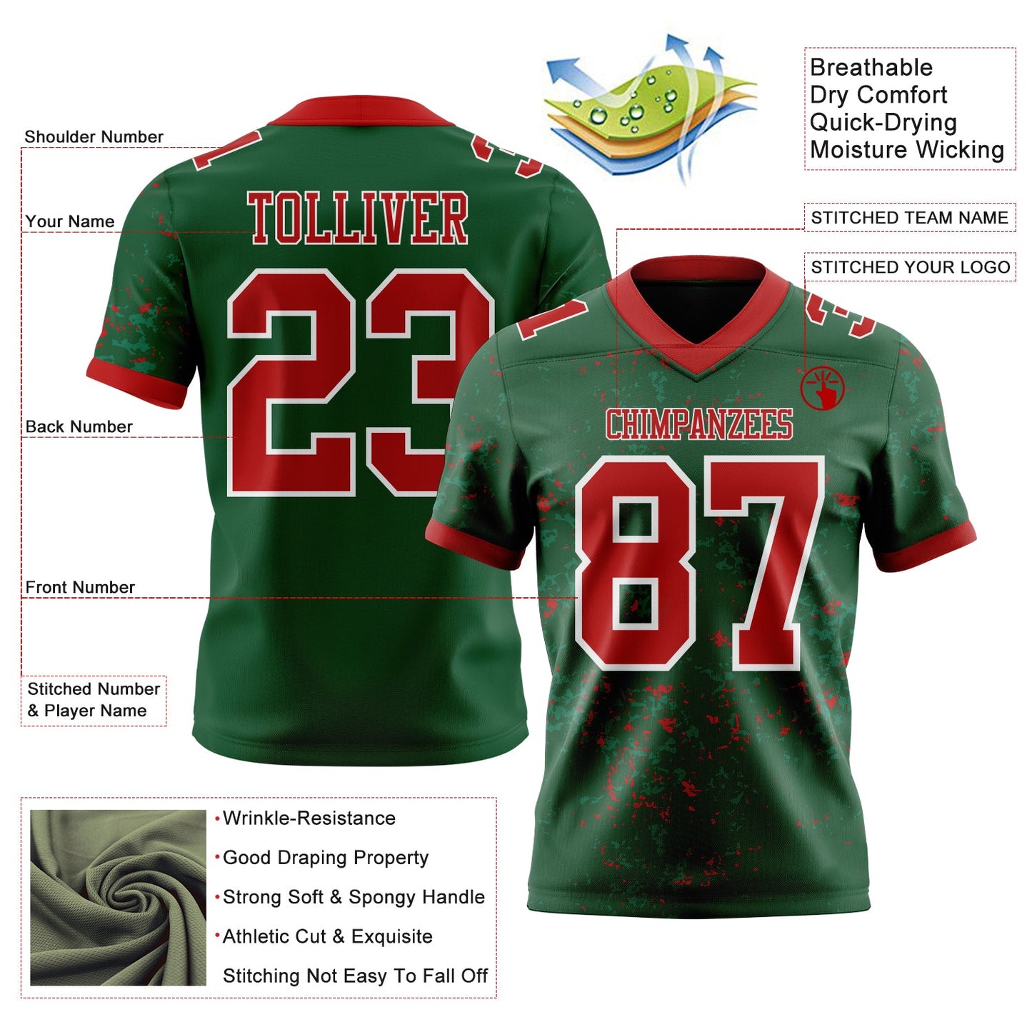 Custom Green Red-White Authentic Abstract Shattered Paint Splatter Football Jersey view 2