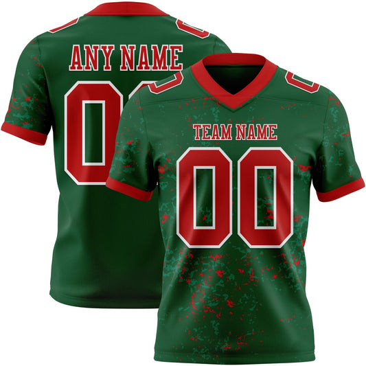 Custom Green Red-White Authentic Abstract Shattered Paint Splatter Football Jersey - Main View