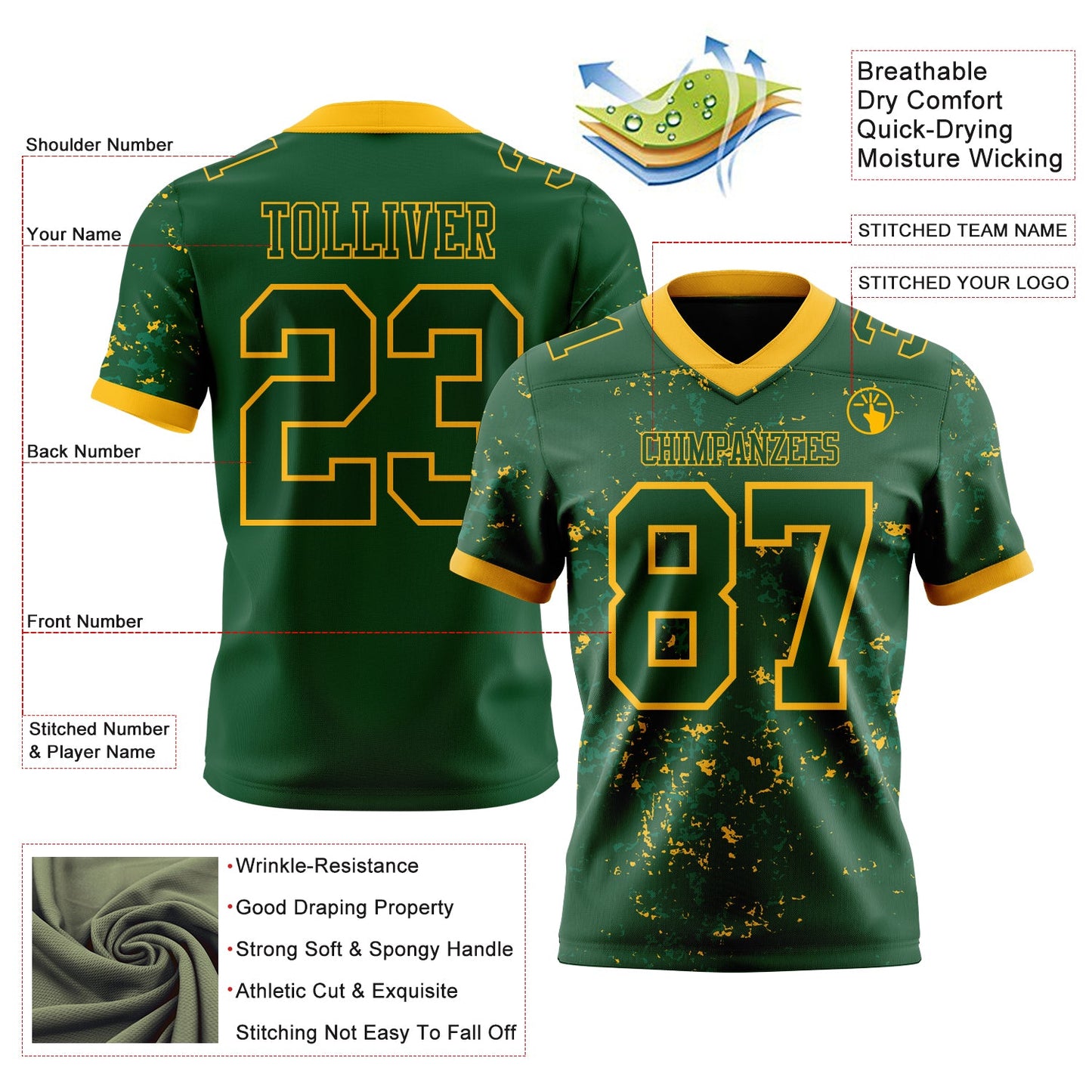 Custom Green-Gold Authentic Abstract Shattered Paint Splatter Football Jersey view 2