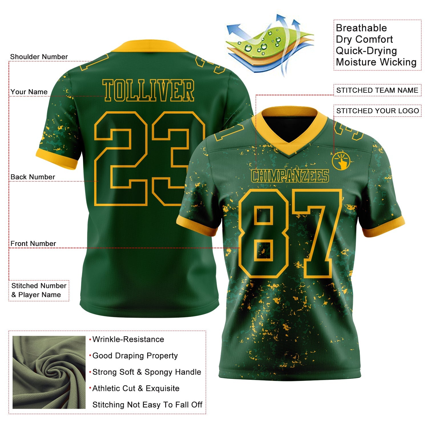 Custom Green-Gold Authentic Abstract Shattered Paint Splatter Football Jersey view 2