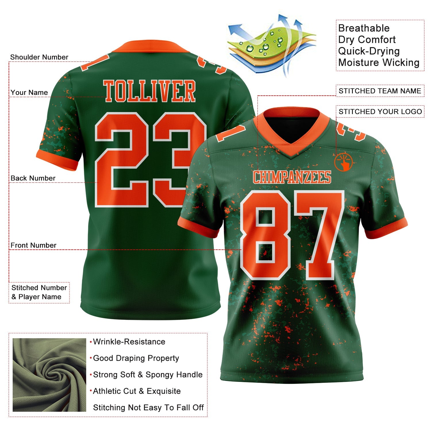 Custom Green Orange-White Authentic Abstract Shattered Paint Splatter Football Jersey view 2