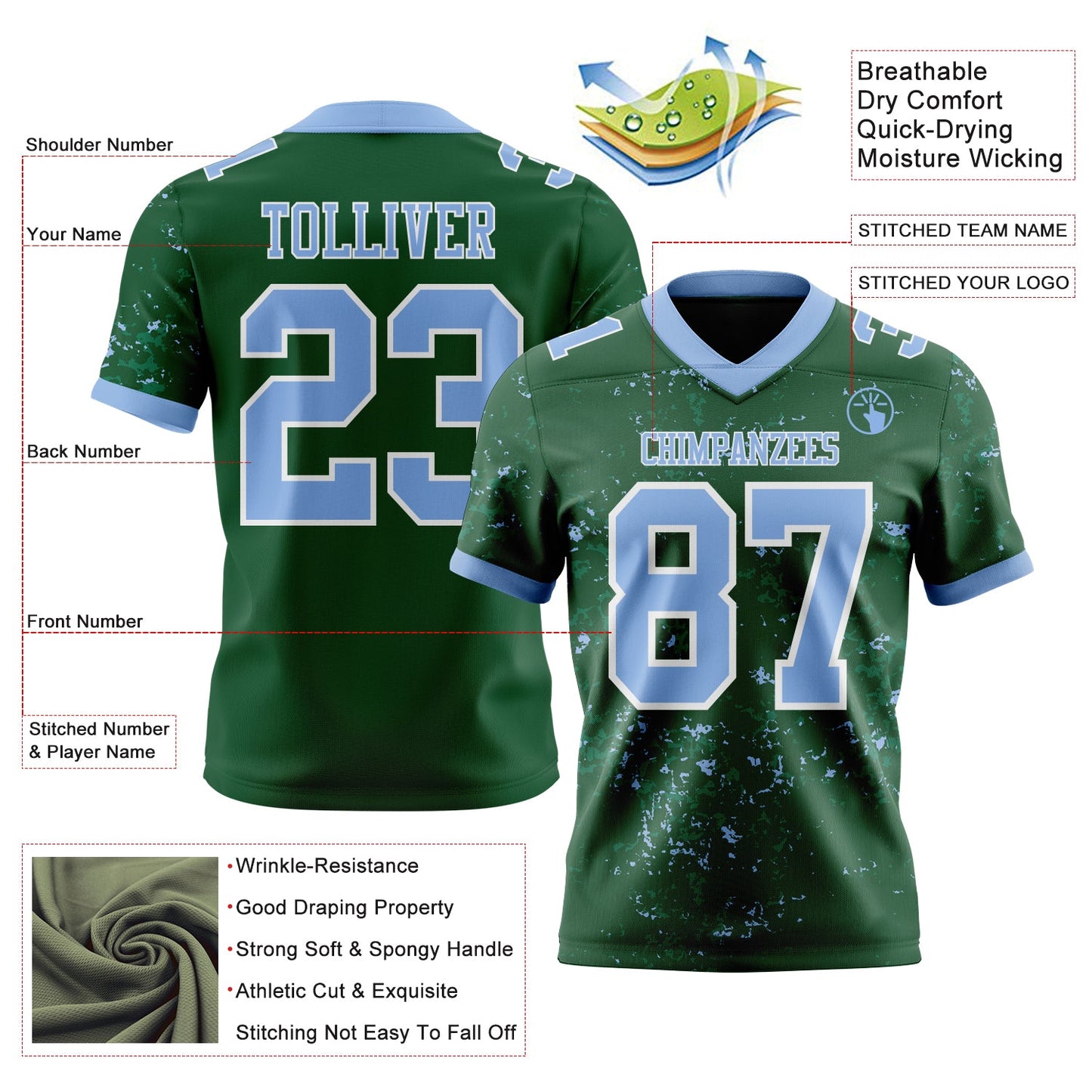 Custom Green Light Blue-White Authentic Abstract Shattered Paint Splatter Football Jersey view 2