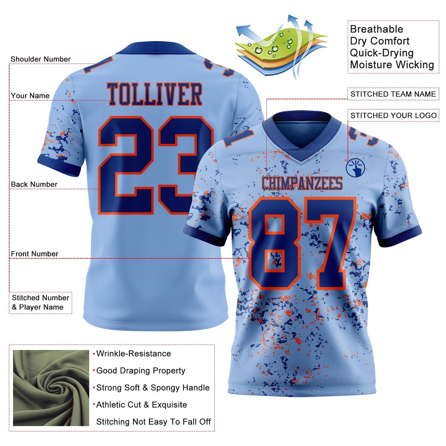 Custom Light Blue Royal-Orange Authentic Abstract Shattered Paint Splatter Football Jersey view 2