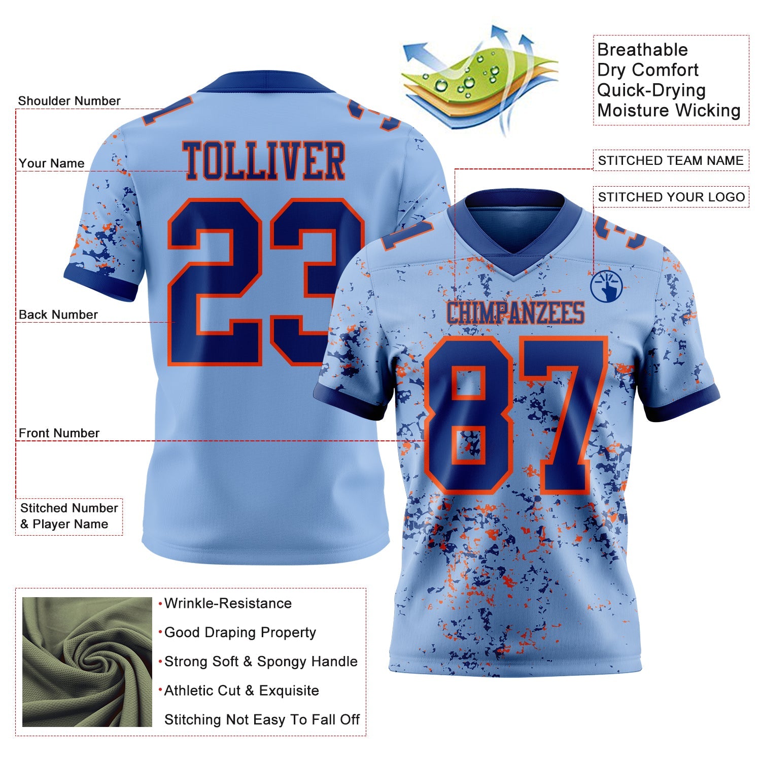 Custom Light Blue Royal-Orange Authentic Abstract Shattered Paint Splatter Football Jersey view 2