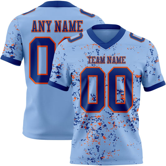 Custom Light Blue Royal-Orange Authentic Abstract Shattered Paint Splatter Football Jersey - Main View