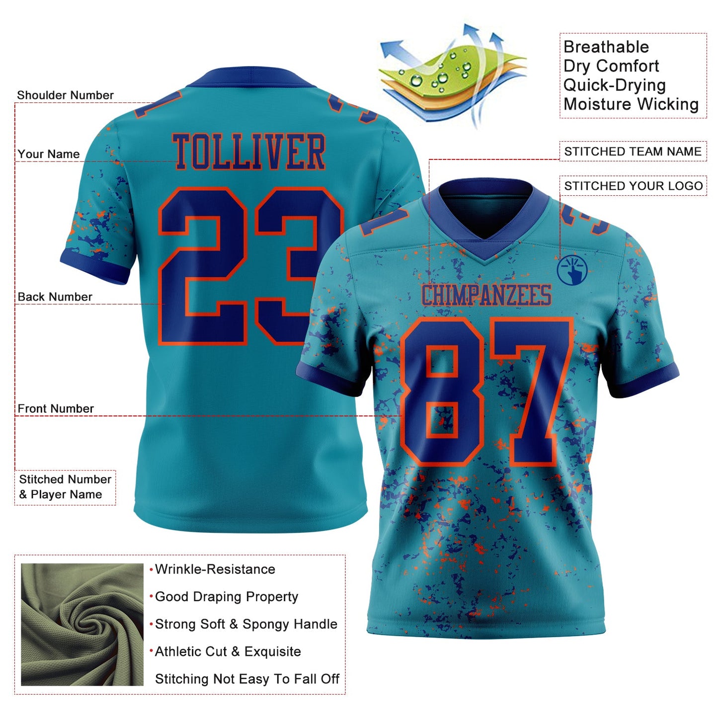 Custom Teal Royal-Orange Authentic Abstract Shattered Paint Splatter Football Jersey view 2